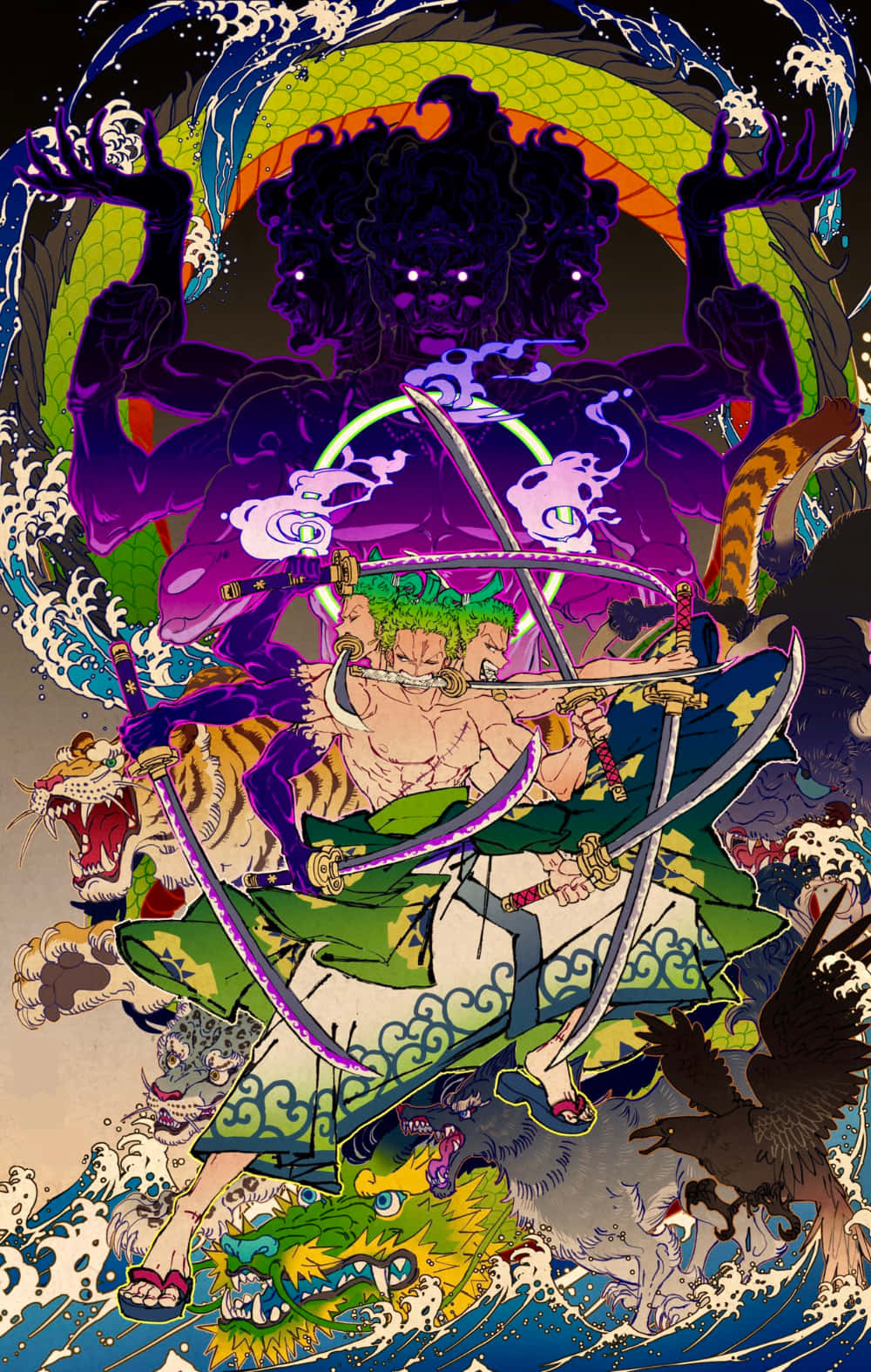 海賊王 桌布 壁紙 — 一個兇猛的動漫戰士，綠色頭髮，在紫色惡魔下，於旋轉的波浪和神話野獸中揮舞三把劍。