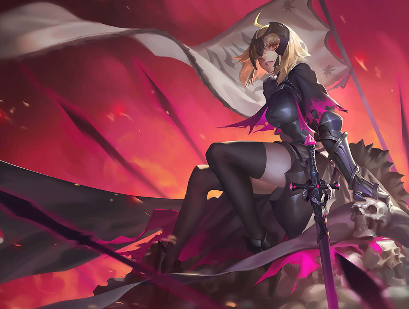 Fate/Grand Order 桌布 壁紙 — 一個兇猛的動漫戰士，金髮黑甲，坐在頭骨上，手持劍，背景是火紅和橙色。