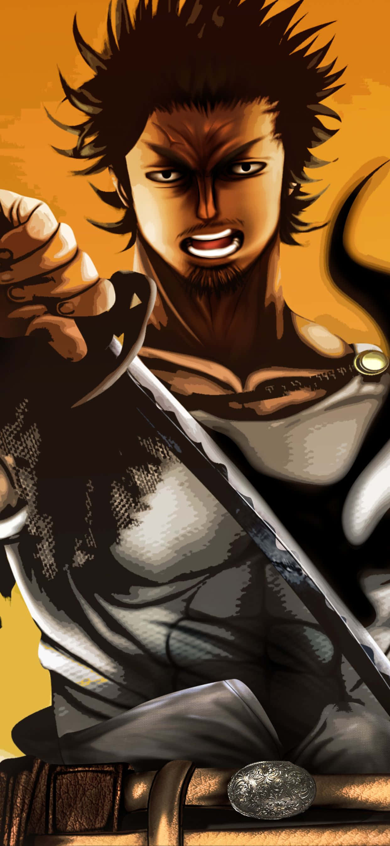 Black Clover Anime 桌布 壁紙 — 一個兇猛的動漫戰士，頭髮尖刺，手握劍，背景是火熱的橙色，眼睛閃爍著決心。