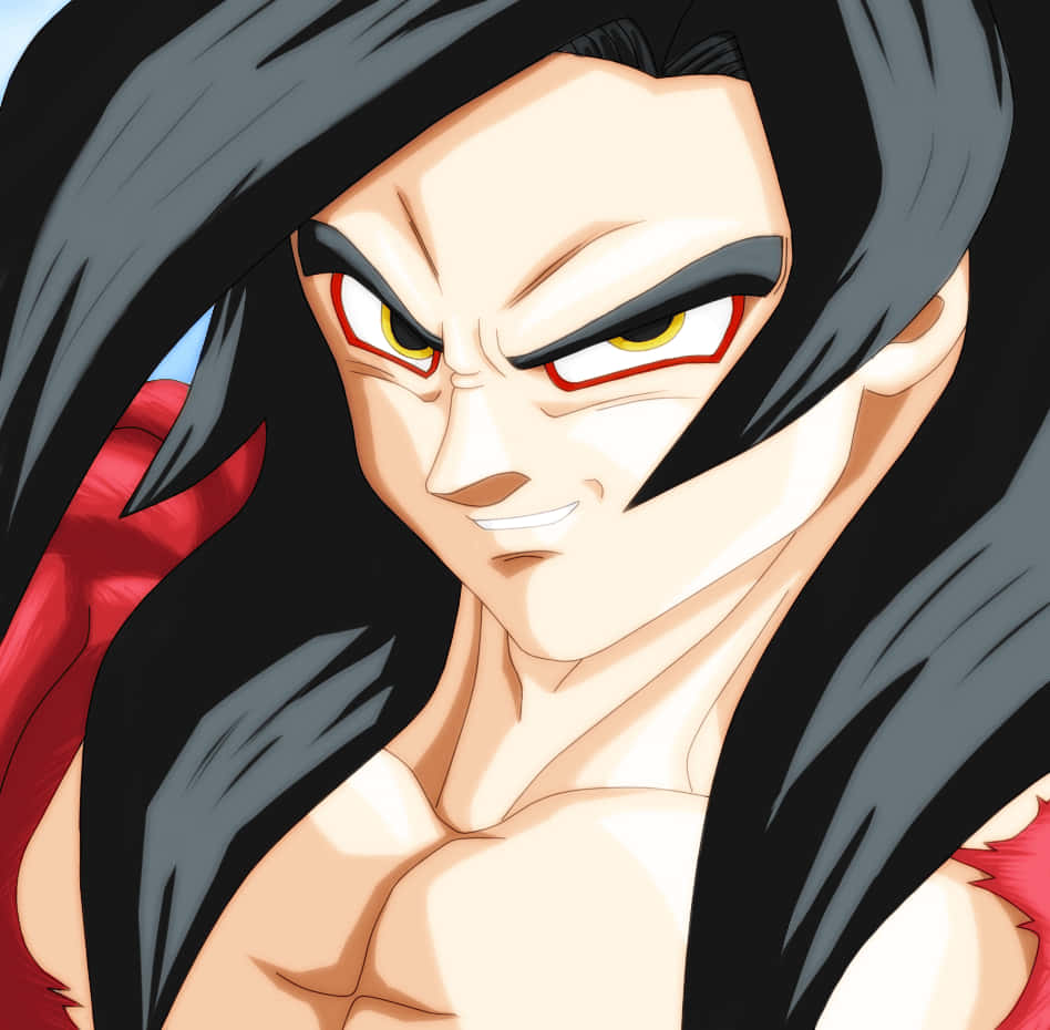 Goku Ssj4 桌布 壁紙 — 一個兇猛的動漫戰士，黑髮，黃色發光的眼睛，帶著冷笑，眼神銳利。