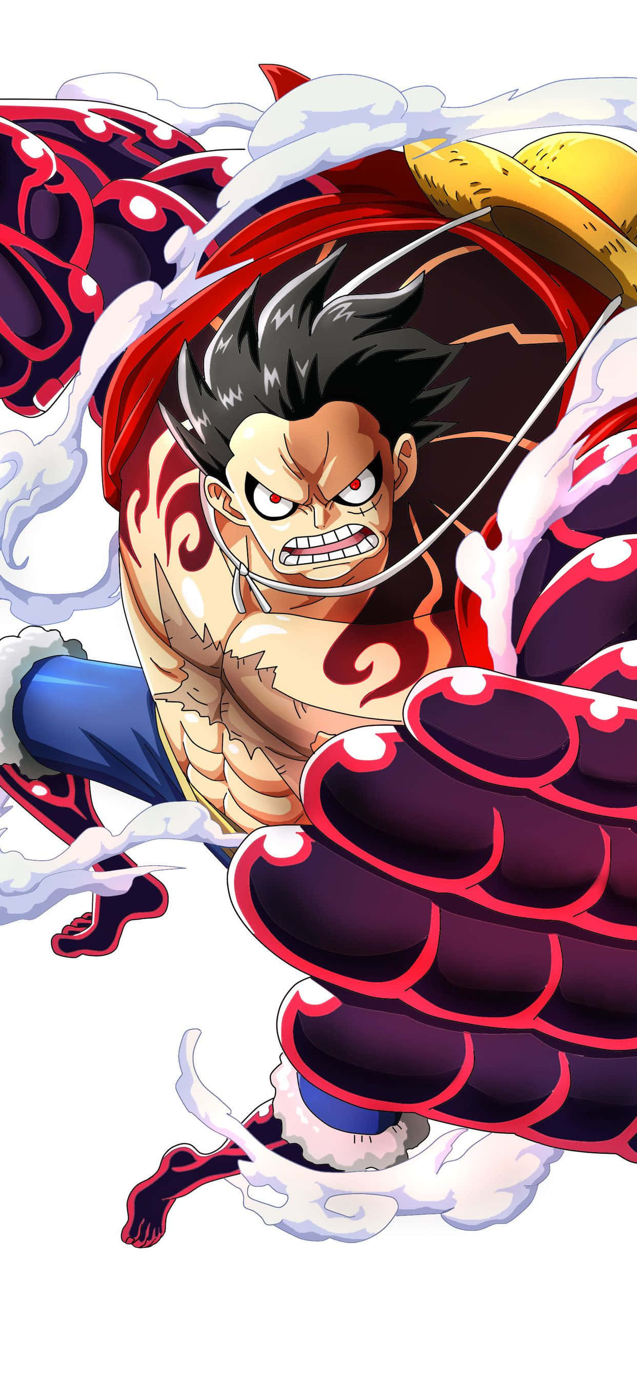 luffy gear 4 桌布 壁紙 — 一個兇猛的動漫戰士，黑髮紅紋，釋放出一個被旋轉白色能量包圍的巨大紫色和紅色拳頭。