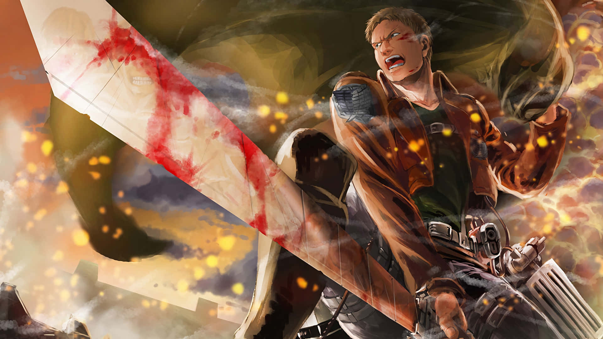 Survival 桌布 壁紙 — 一個兇猛的動漫戰士在火花四濺和崩塌的廢墟中尖叫著用沾滿鮮血的刀刃砍向一個巨大的巨人。
