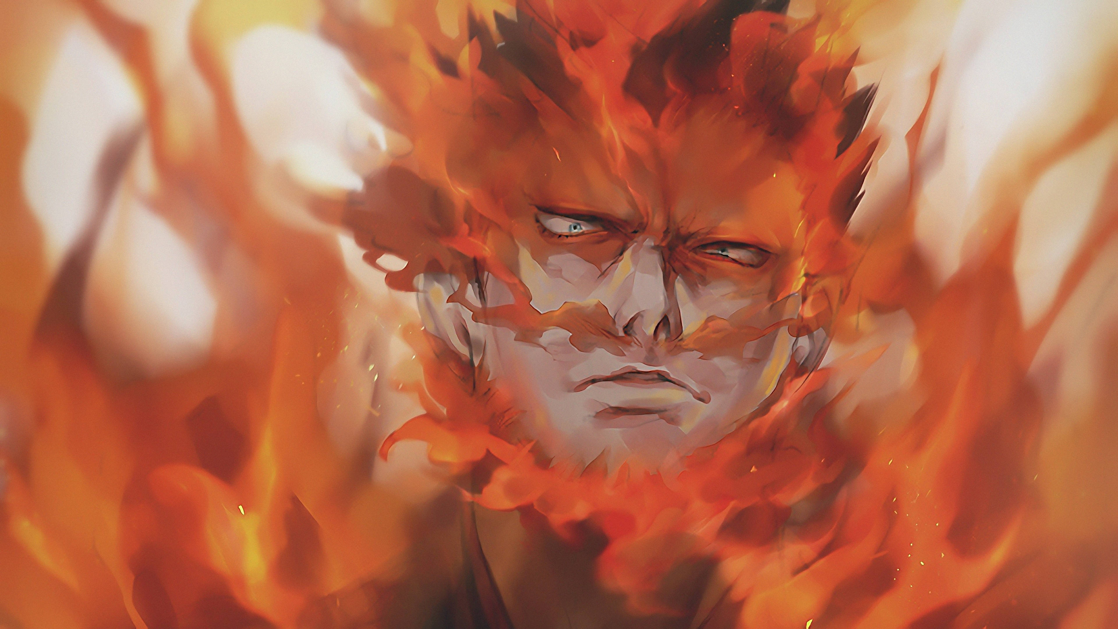 todoroki family 桌布 壁紙 — 一個兇猛的動漫戰士的臉從旋轉的橙色火焰中浮現，帶著強烈的發光眼睛。