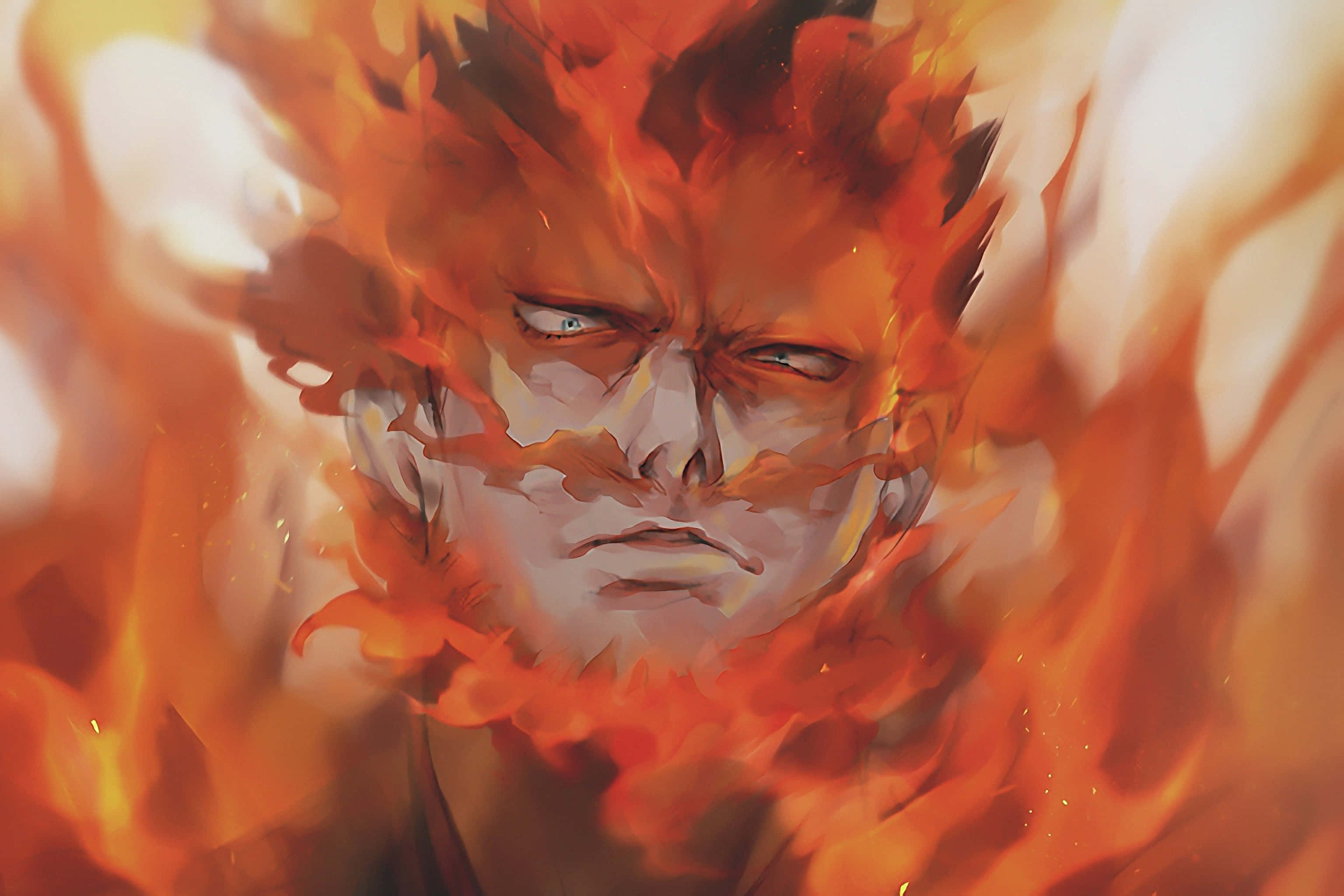 endeavor 桌布 壁紙 — 一個兇猛的動漫戰士的臉被旋轉的橙色火焰吞噬，眼睛發出強烈的光芒。