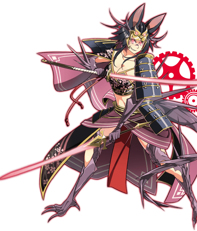 惡魔動圖 桌布 壁紙 — 一個兇猛的動漫武士女孩，有狐狸耳朵，在機械齒輪背景下揮舞發光的紅色劍。