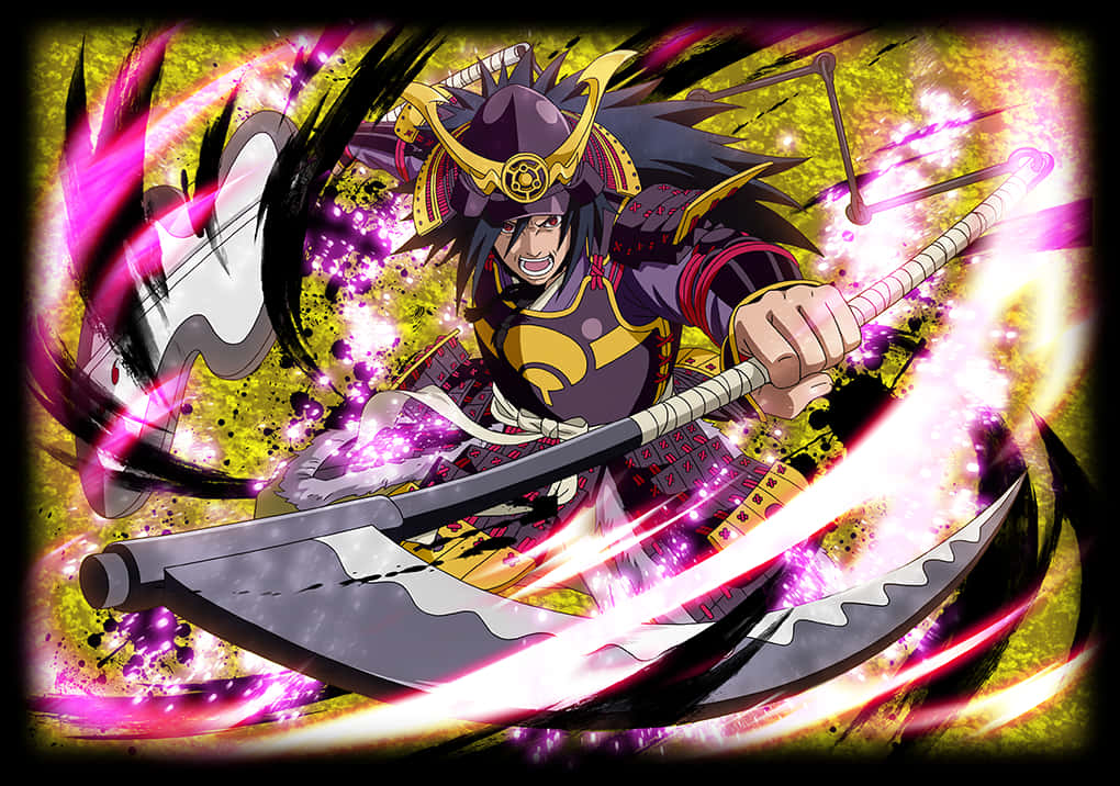Warrior 桌布 壁紙 — 一個兇猛的動漫武士戰士在爆炸性的粉紅色和黃色能量效果中揮舞著發光的劍。