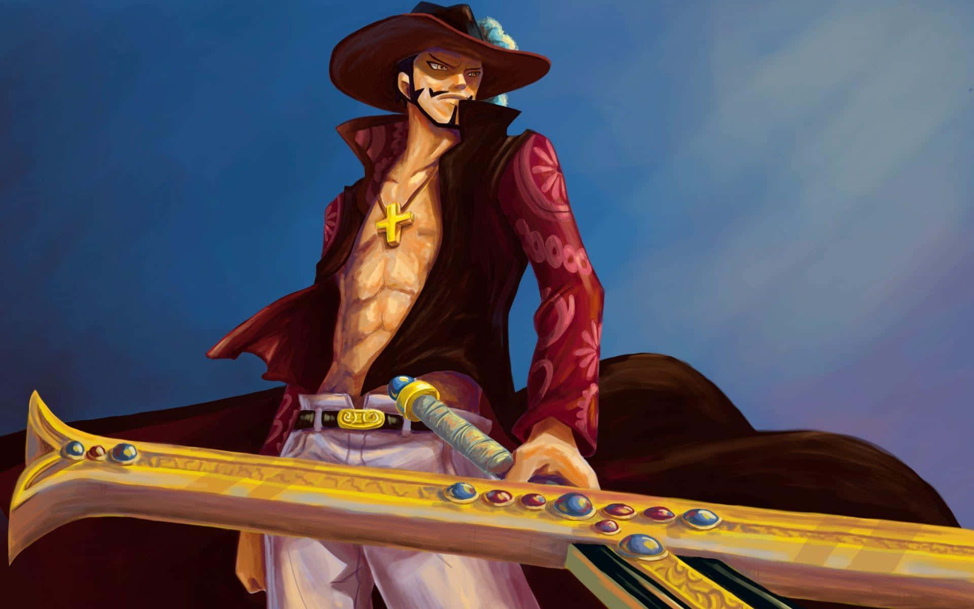 Dracule Mihawk 桌布 壁紙 — 一個兇猛的動漫海盜，戴著寬邊帽和金十字架項鍊，在深藍色天空下緊握一把鑲滿寶石的劍。