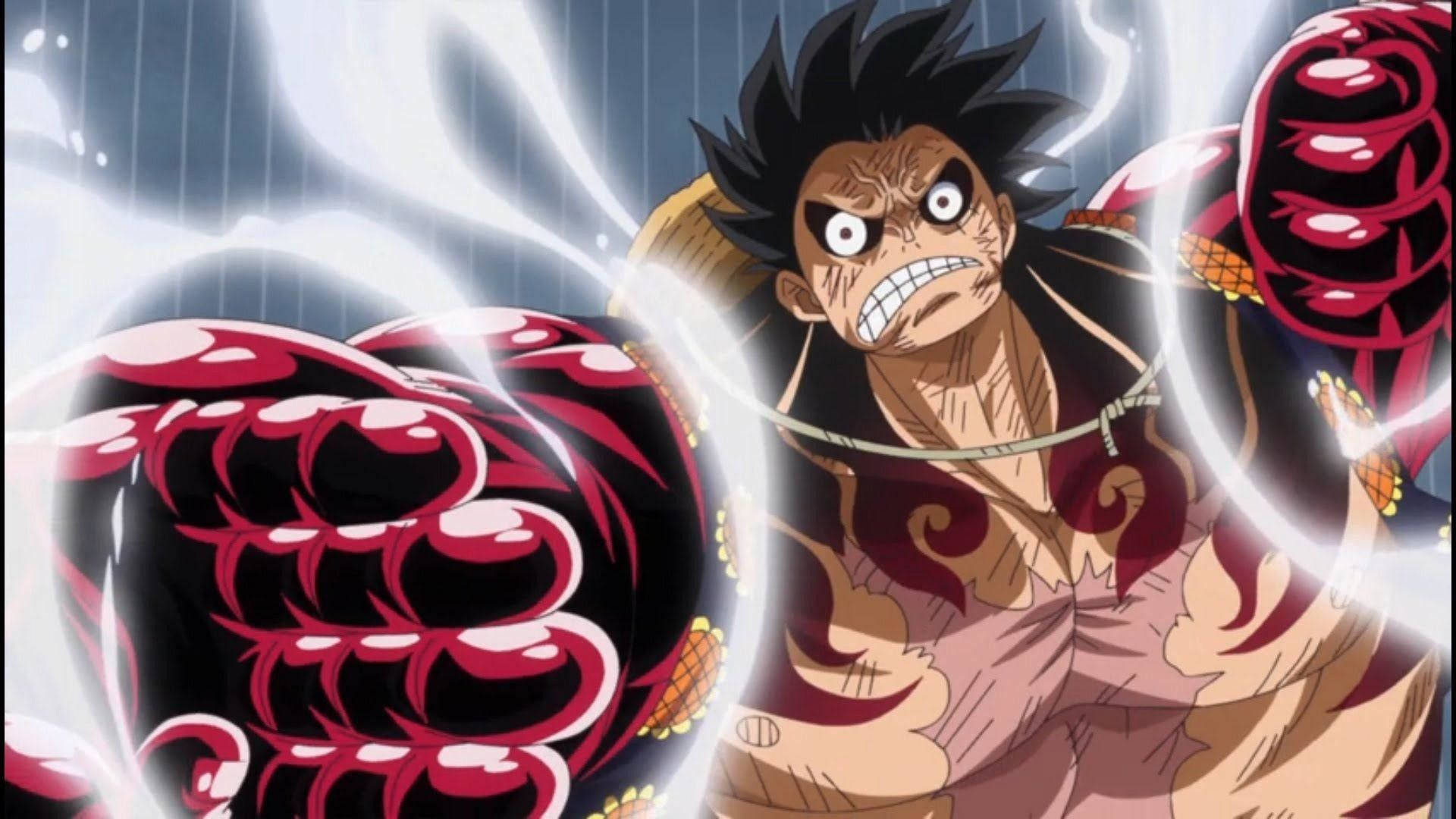 luffy gear 4 桌布 壁紙 — 一個兇猛的動漫海盜，擁有尖刺黑髮和發光的眼睛，在旋轉的白光中釋放出強大的紅黑能量攻擊。