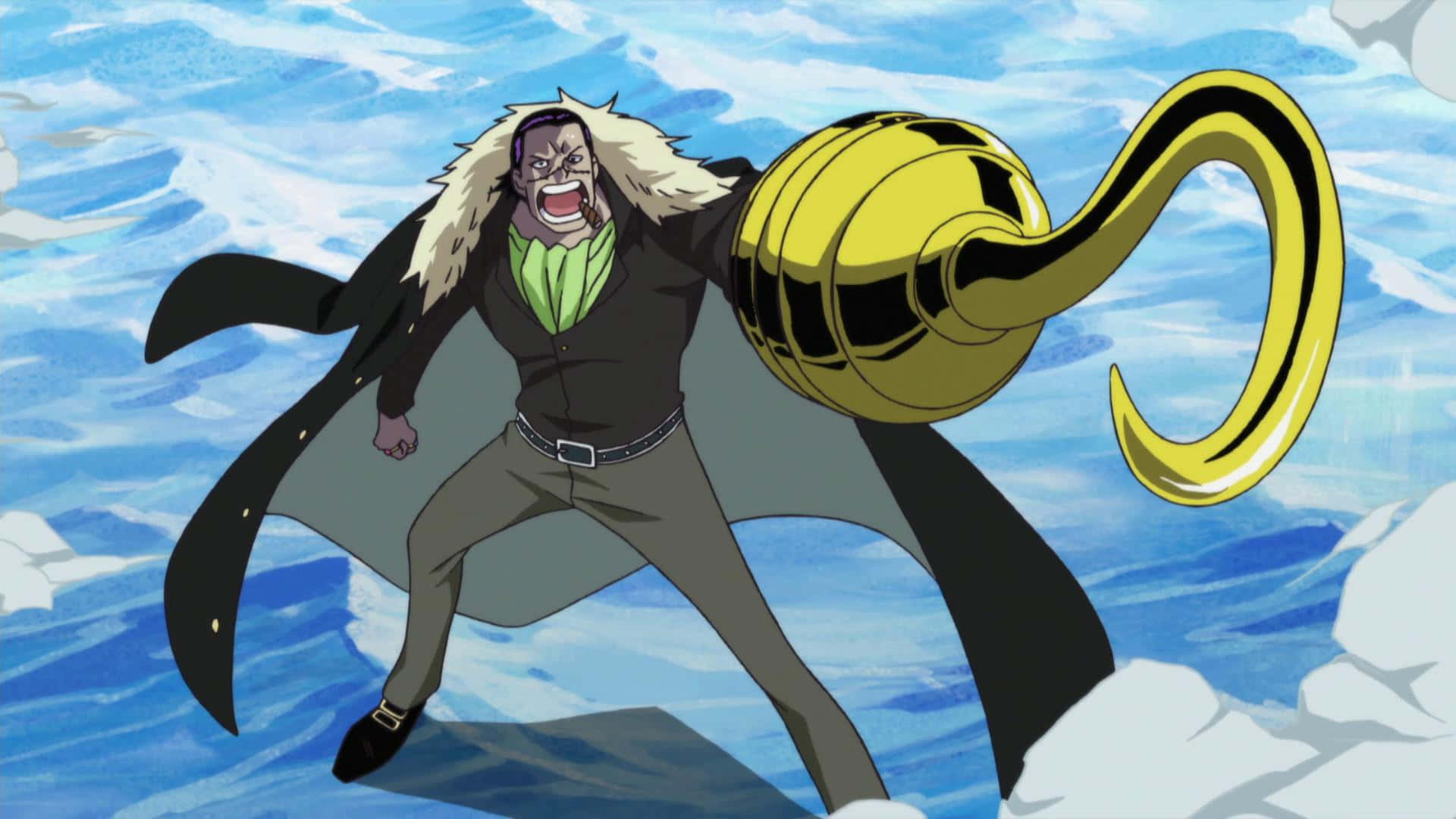 Marineford War 桌布 壁紙 — 一個兇猛的動漫海盜，擁有金色鉤子手臂，在暴風雨的藍天下勝利地站在冰凍的地形上。