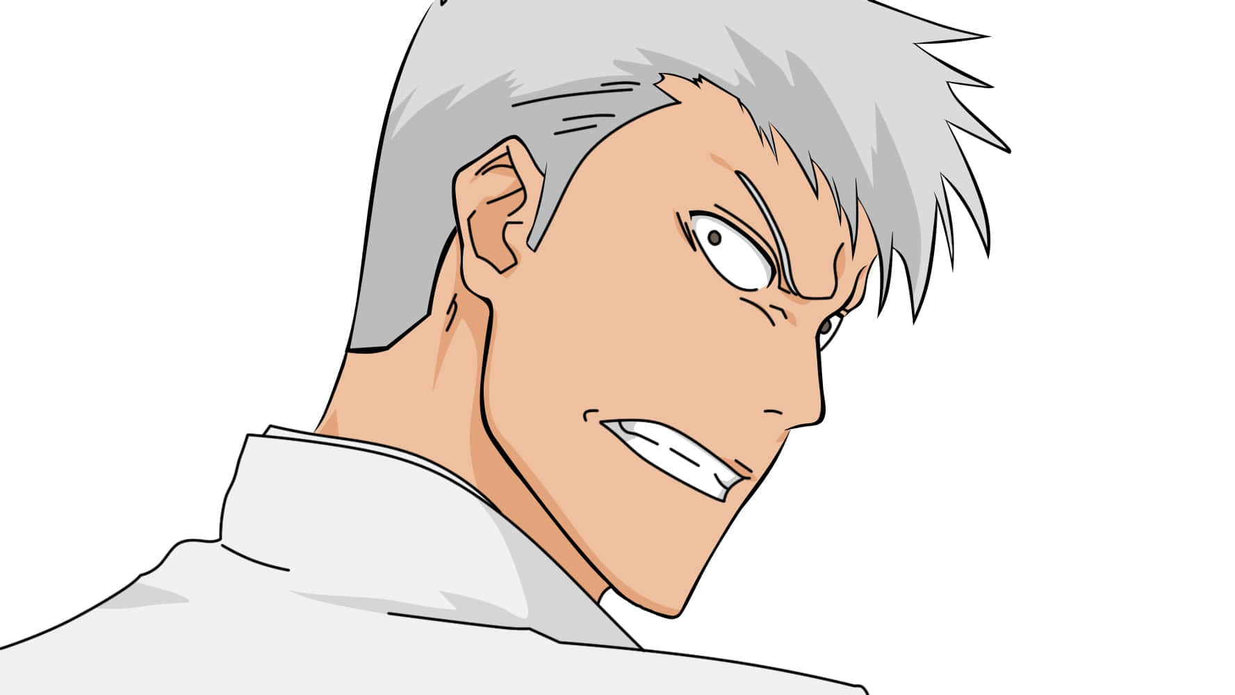 Kensei Muguruma 桌布 壁紙 — 一個兇猛的動漫男人，有著尖刺的灰色頭髮和強烈的眼神，在特寫側面中咬緊牙關。