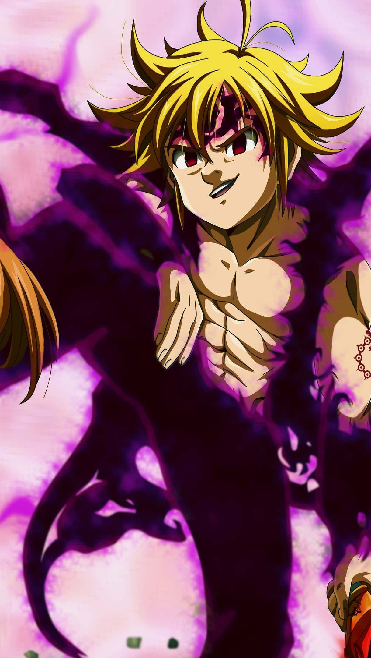 Seven Deadly Sins 4K 桌布 壁紙 — 一個兇猛的動漫男孩，擁有尖刺金髮和紅色眼睛，在旋轉的紫色背景前強勢站立。