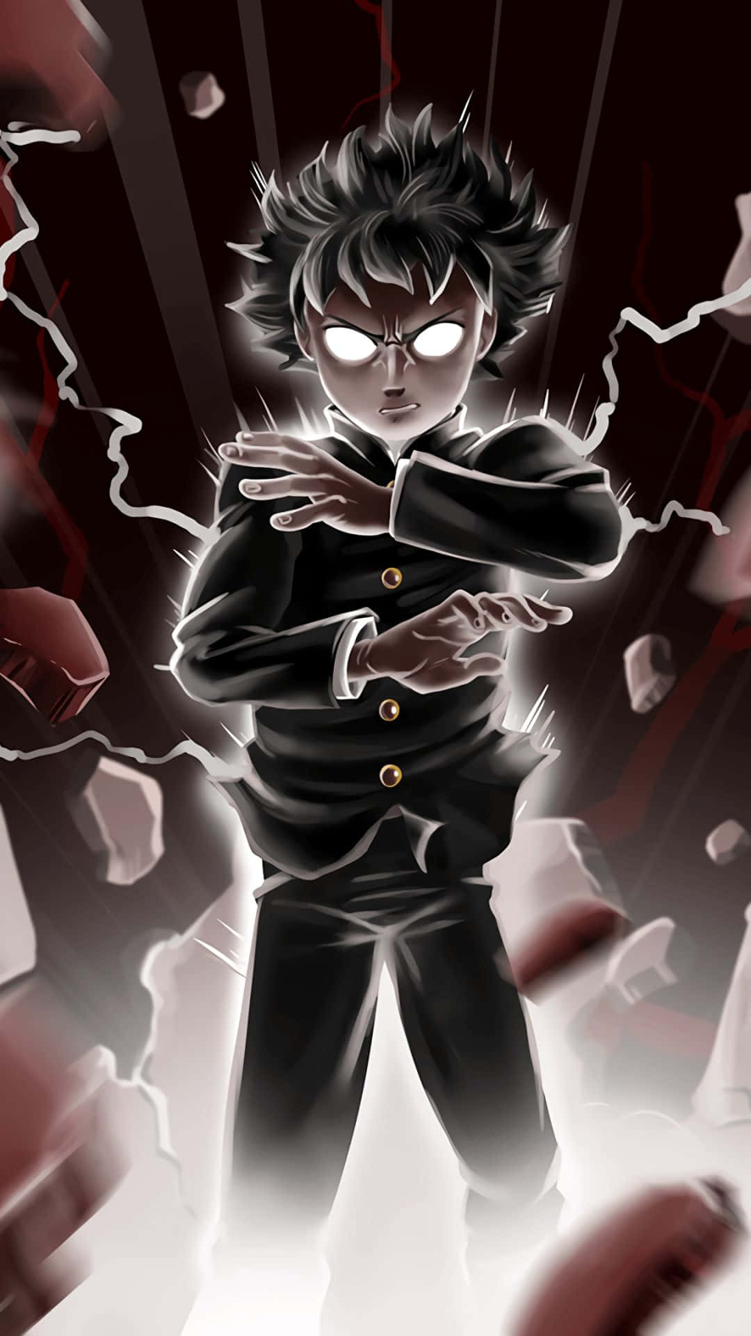 動漫男孩 桌布 壁紙 — 一個兇猛的動漫男孩，擁有發光的白色眼睛和尖刺頭髮，在閃電劈啪作響的碎片中引導能量。