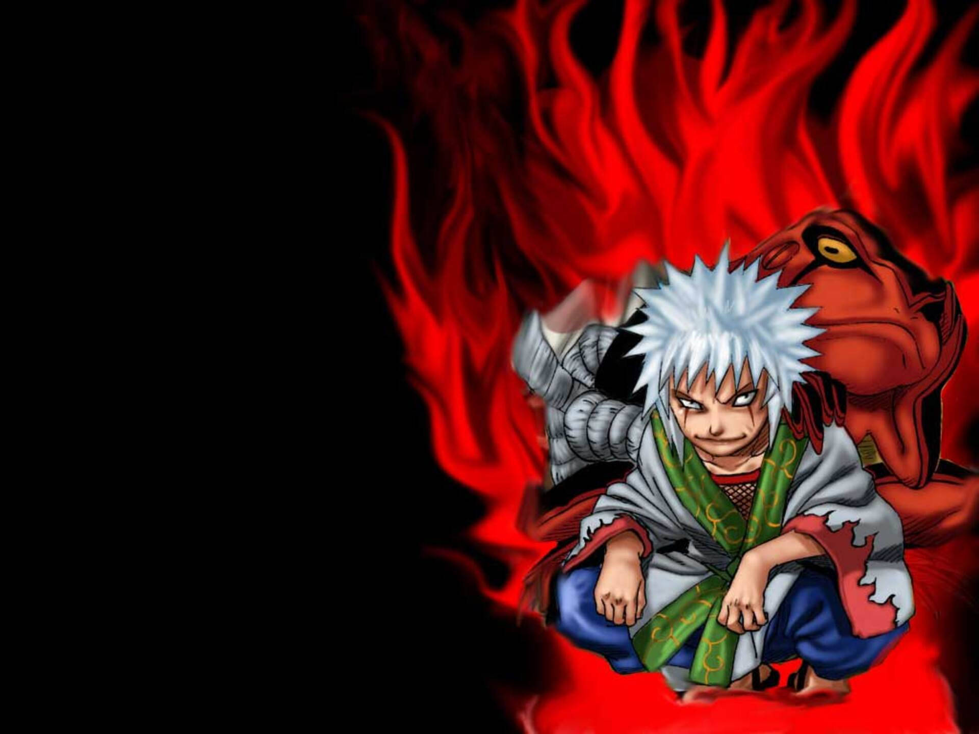 自來也 桌布 壁紙 — 一個兇猛的動漫男孩，有著尖刺的白髮，蹲在一個被熾熱紅色火焰包圍的紅色惡魔面前，背景是黑色。