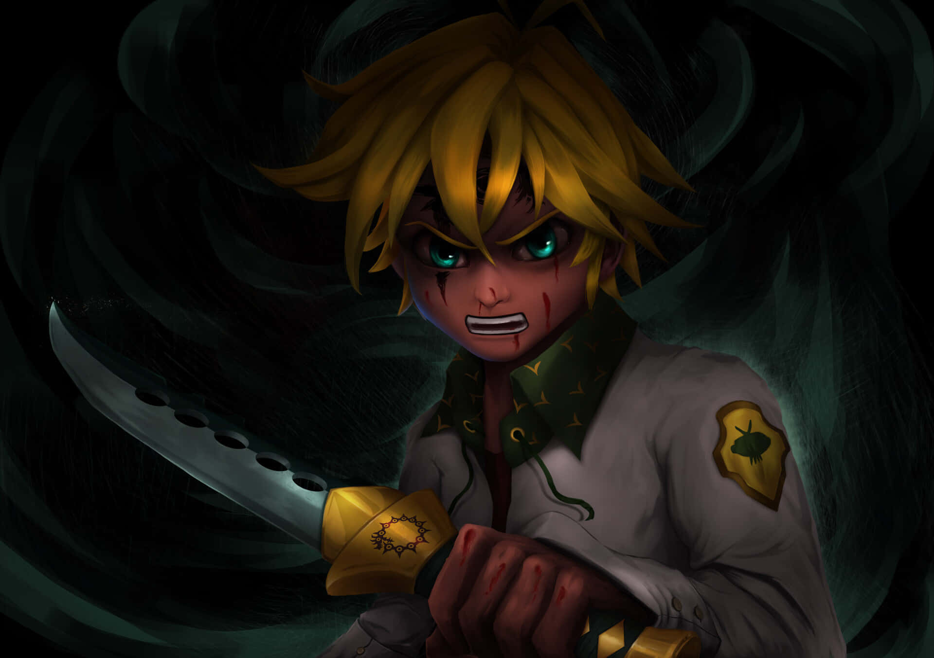 Meliodas 桌布 壁紙 — 一個兇猛的動漫男孩，有著尖刺金髮和發光的綠色眼睛，在旋轉的深綠色背景中握著一把血淋淋的劍。