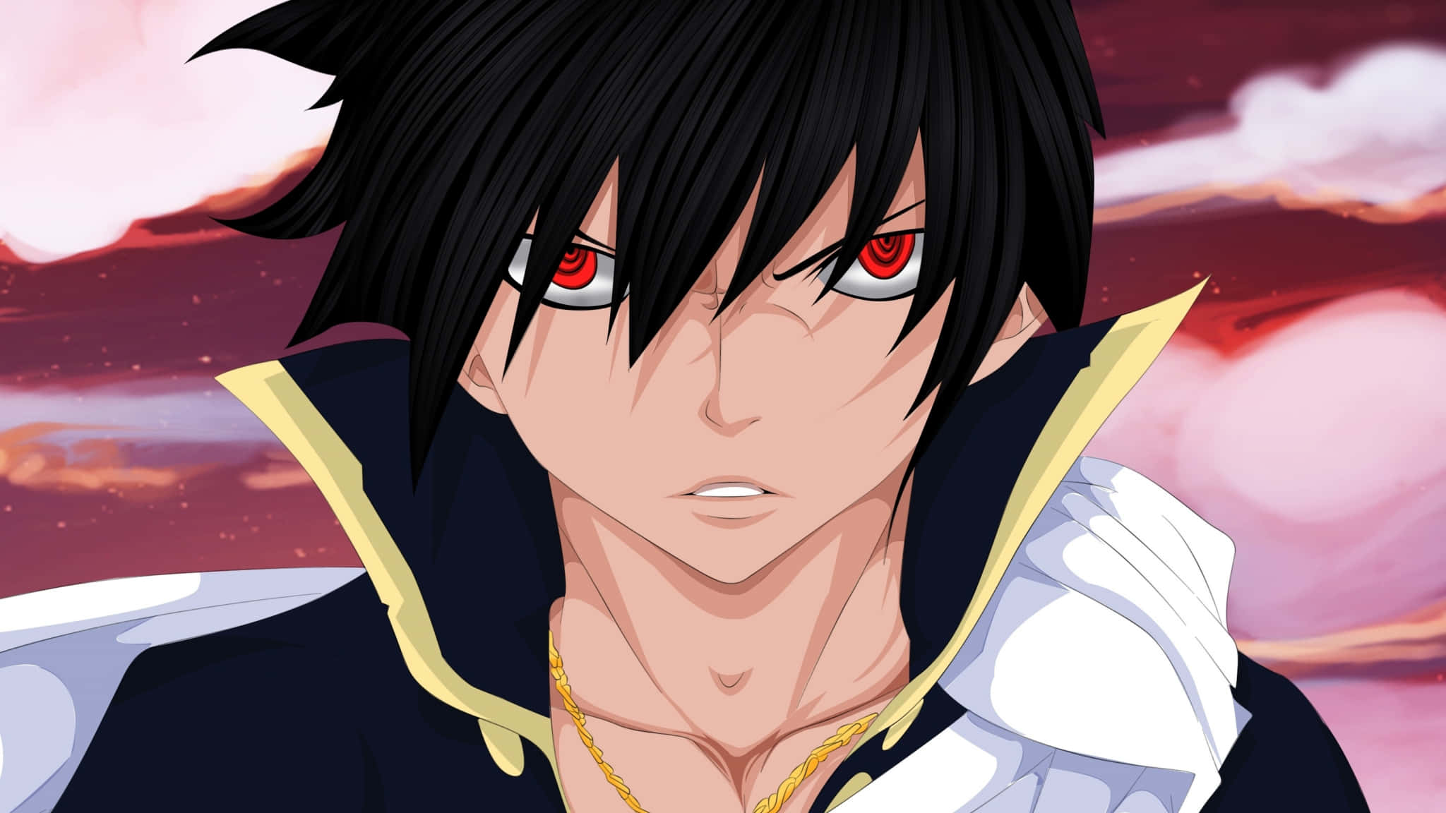 Zeref Dragneel 桌布 壁紙 — 一個兇猛的動漫男性，黑髮紅眼，在熾熱的粉紅和橙色天空下強烈凝視。