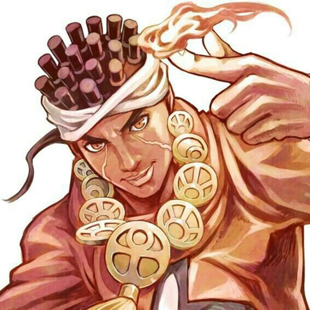 Muhammad Avdol 桌布 壁紙 — 一個兇猛的動漫角色，戴著白色頭帶和金幣項鍊，火焰般的頭髮向前指著。