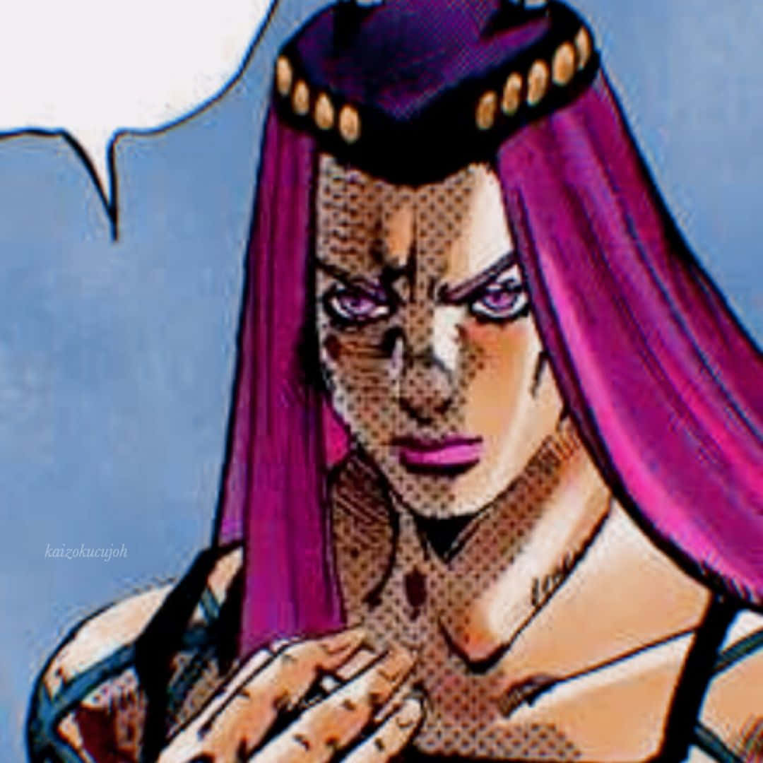 Narciso Anasui 桌布 壁紙 — 一個兇猛的動漫角色，擁有充滿活力的紫色頭髮和強烈的目光，以嚴肅的表情向前凝視。
