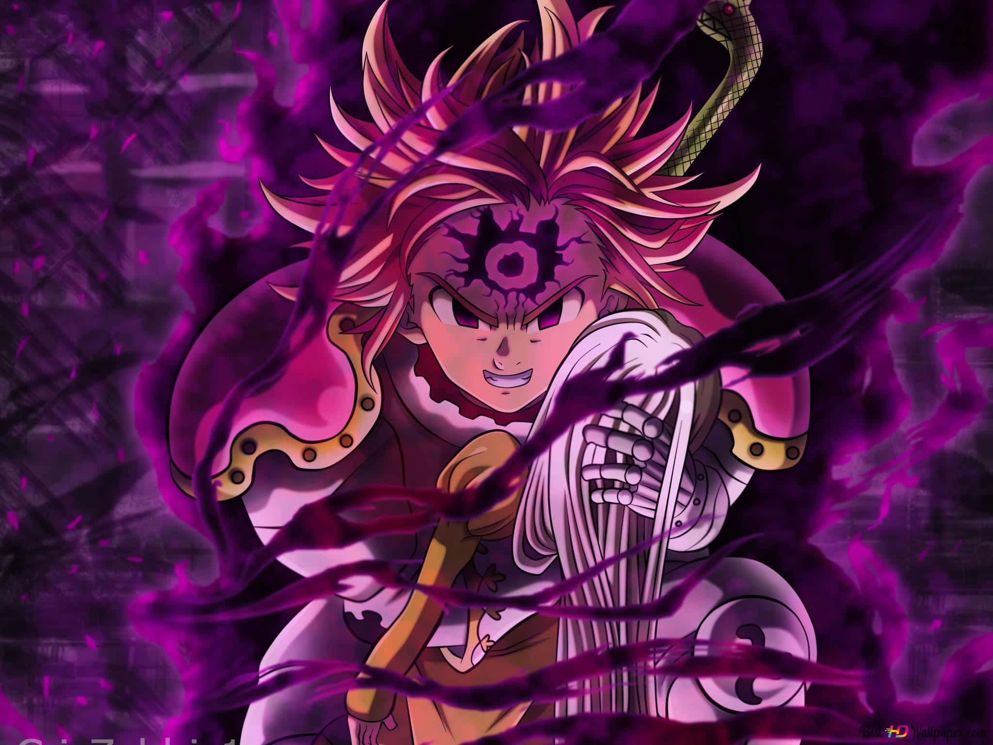 Meliodas 桌布 壁紙 — 一個兇猛的動漫角色，擁有尖刺的粉紅色頭髮和發光的紫色眼睛，在旋轉的深紫色能量中揮舞著劍。