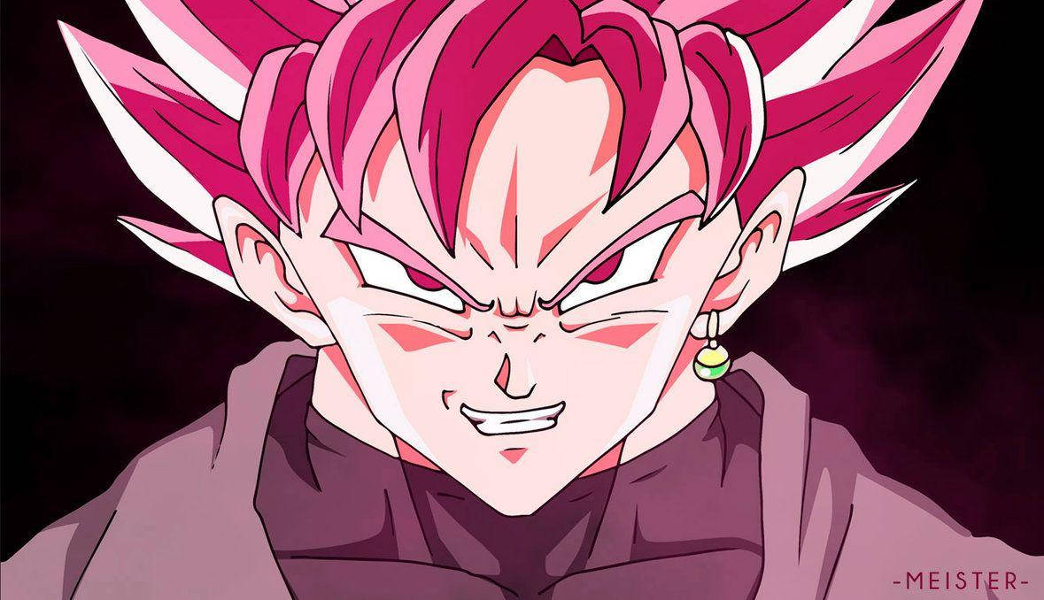Black Goku 桌布 壁紙 — 一個兇猛的動漫角色，擁有尖刺的粉紅色頭髮和發光的眼睛，在黑暗背景下強烈凝視。