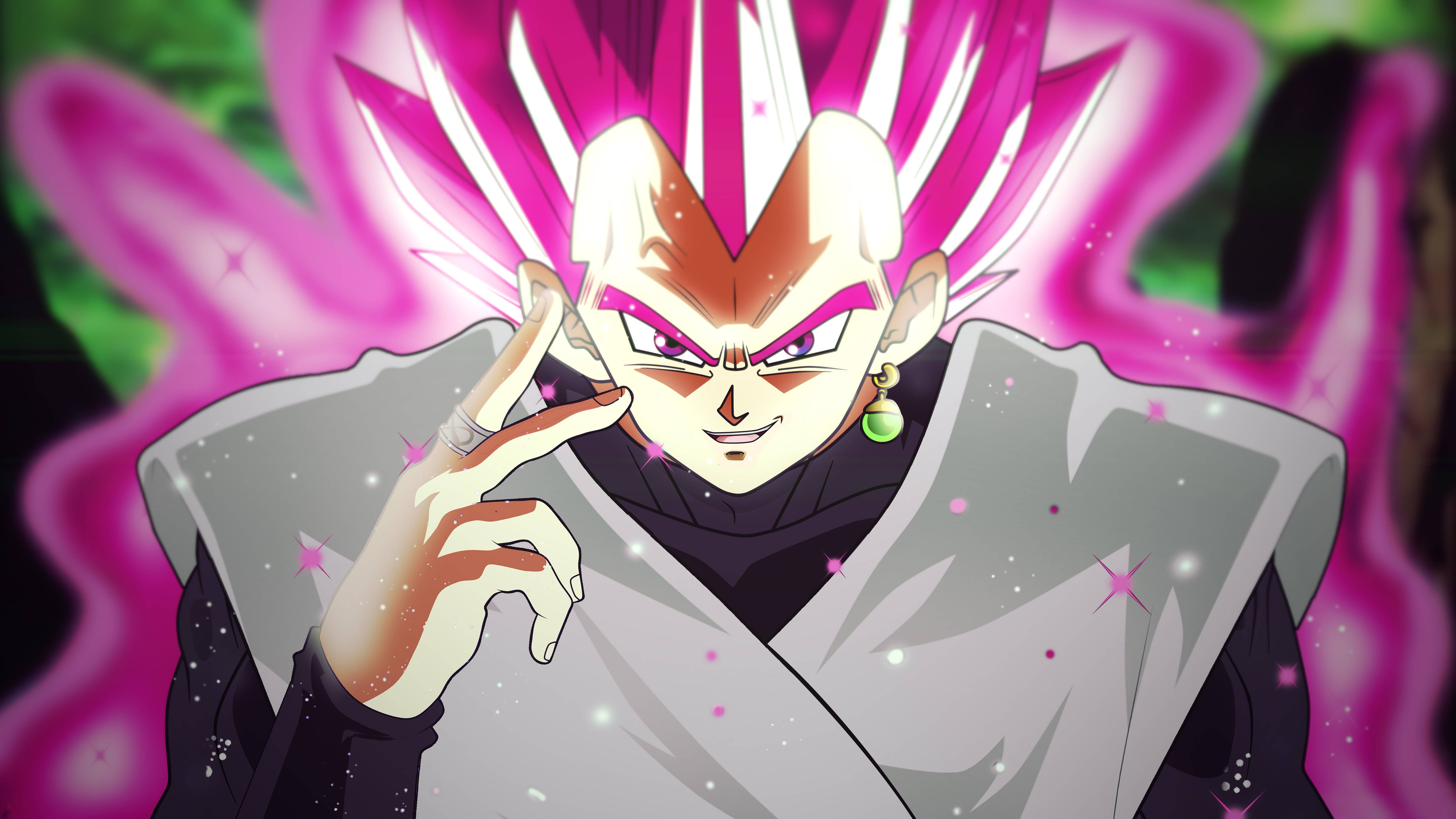 Dark Vegeta 桌布 壁紙 — 一個兇猛的動漫角色，擁有尖刺的粉紅色頭髮和發光的光環，在旋轉的宇宙背景下做出手勢。