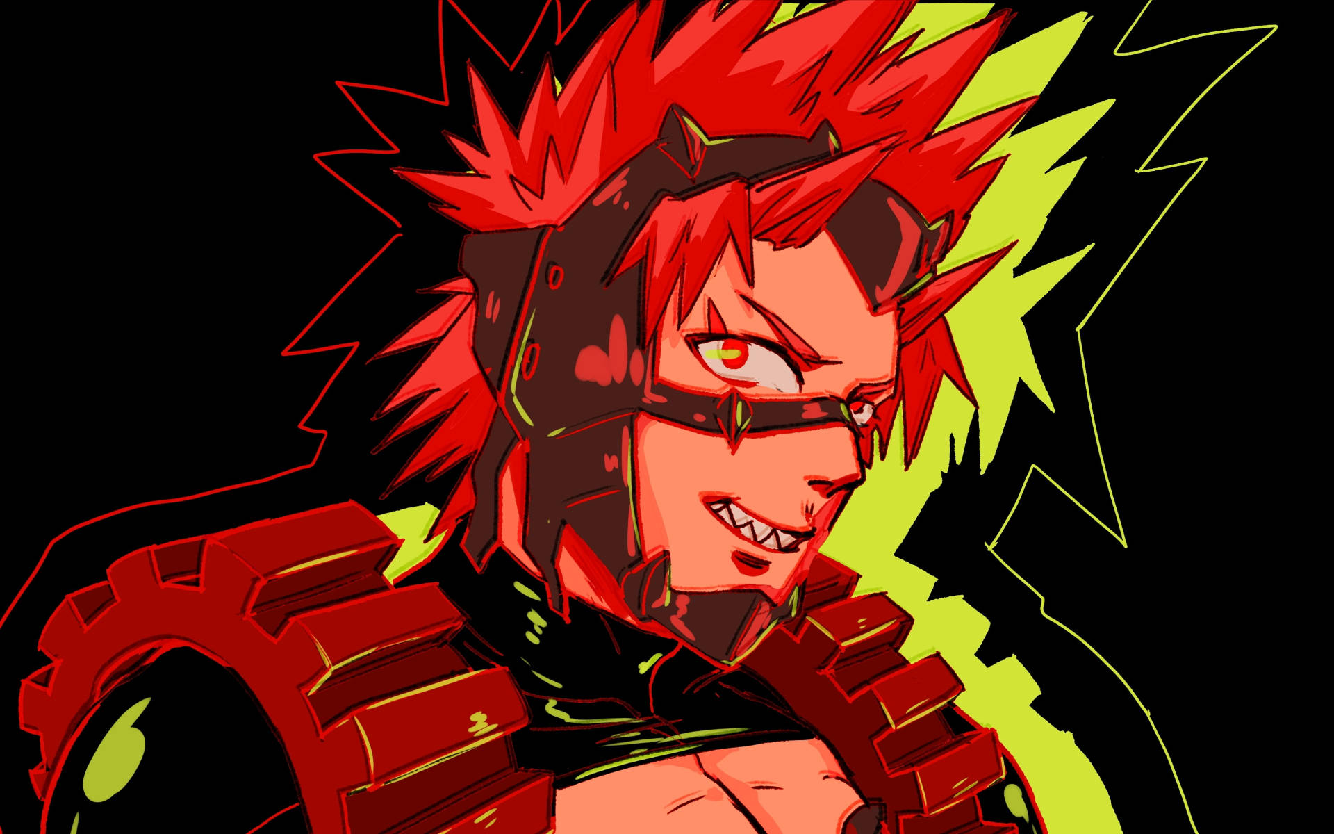 Kirishima 桌布 壁紙 — 一個兇猛的動漫角色，擁有尖刺的紅髮和發光的眼睛，在黑色背景上散發能量，伴隨著霓虹綠色的閃電。