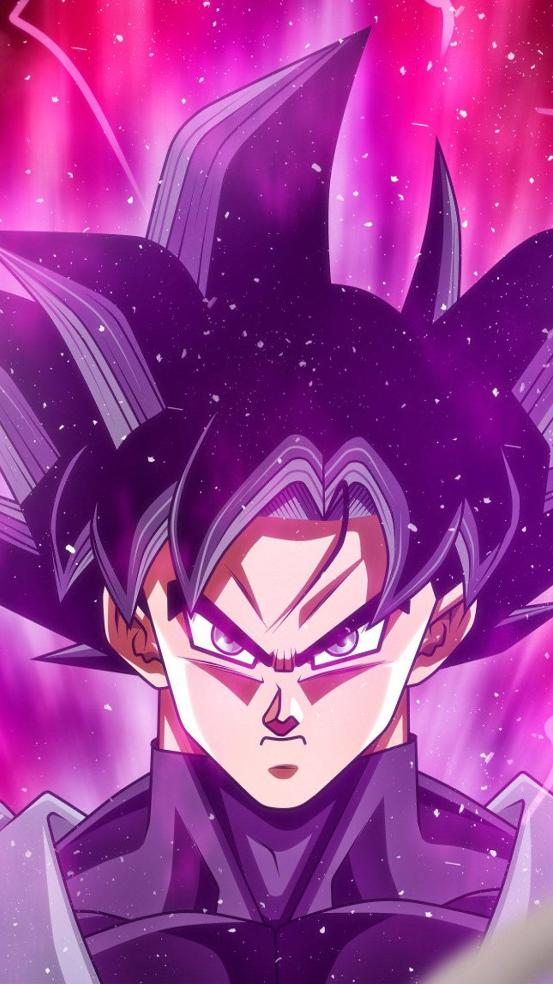 Goku Dragon Ball Super 桌布 壁紙 — 一個兇猛的動漫角色，擁有尖刺的紫色頭髮和發光的眼睛，在充滿活力的宇宙粉紅色和紫色背景前散發力量。