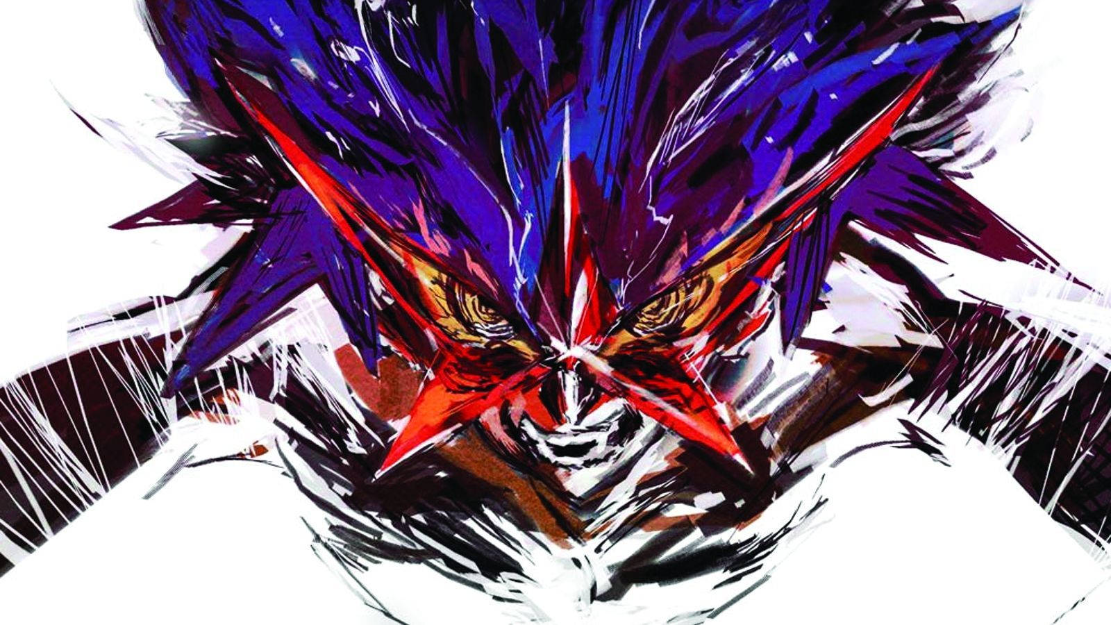 Gurren Lagann 桌布 壁紙 — 一個兇猛的動漫角色，擁有尖刺的紫色頭髮和發光的紅色眼睛，在純白色背景下強烈凝視。