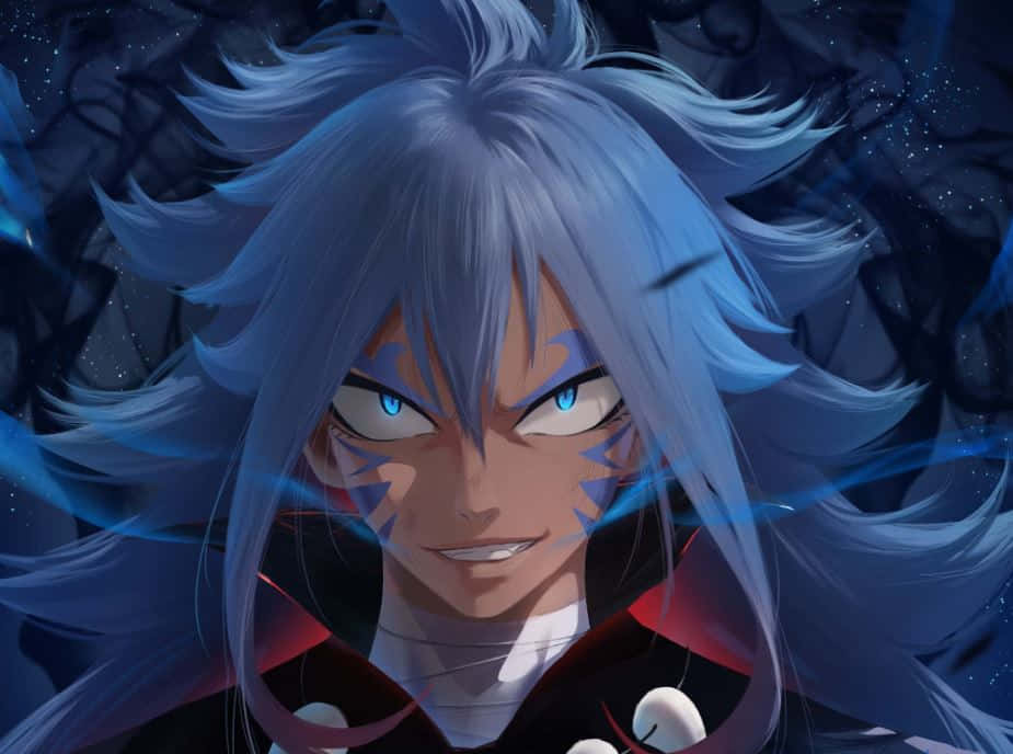 Acnologia 桌布 壁紙 — 一個兇猛的動漫角色，擁有尖刺的藍色頭髮和發光的眼睛，在黑暗的宇宙背景下強烈凝視。
