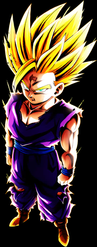Anime Character 桌布 壁紙 — 一個兇猛的動漫角色，擁有尖刺的金色頭髮和發光的眼睛，在黑色背景下擺出強有力的姿勢。