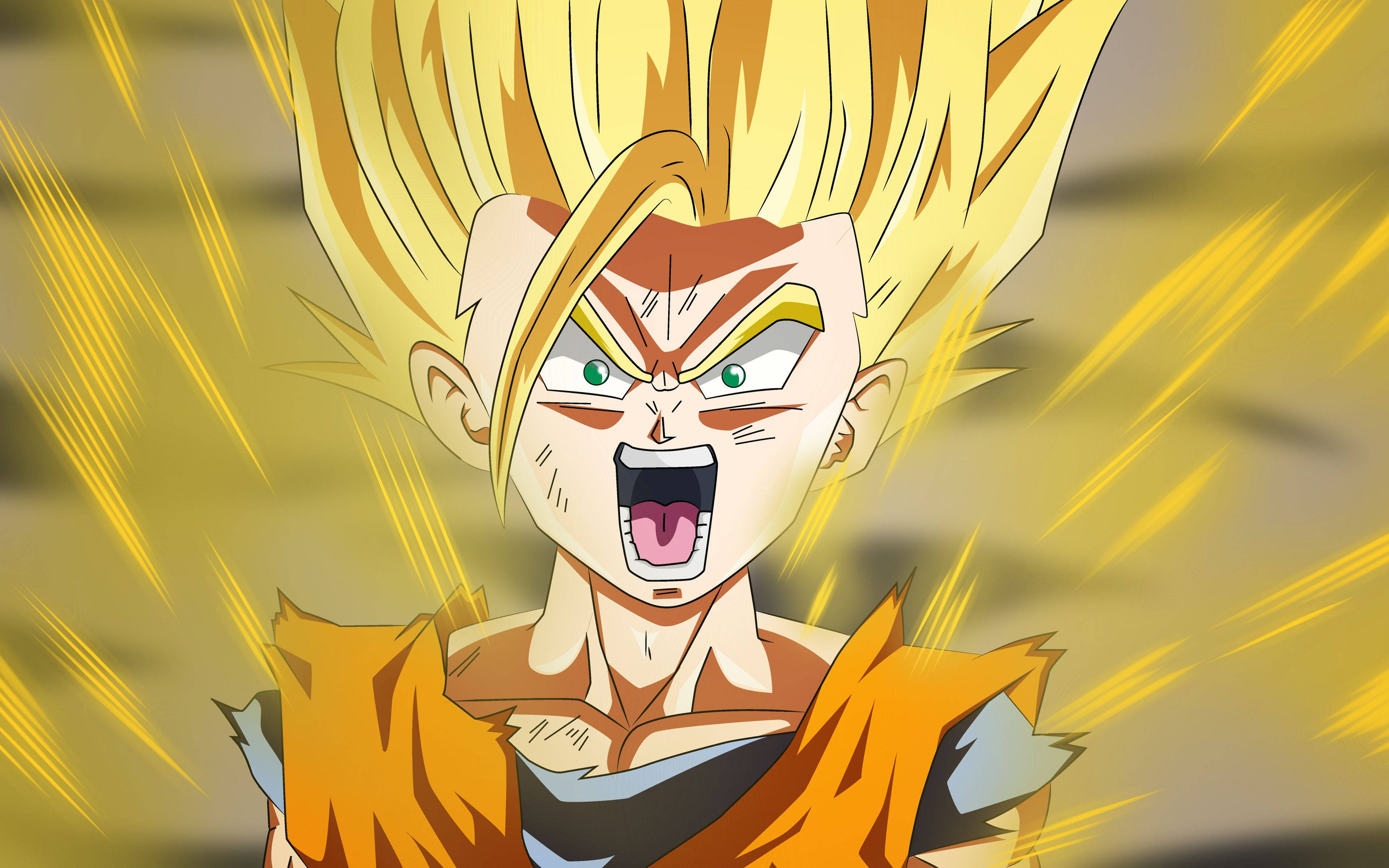 Goten 桌布 壁紙 — 一個兇猛的動漫角色，擁有尖刺的金色頭髮和發光的氣場，以強烈的能量咆哮。
