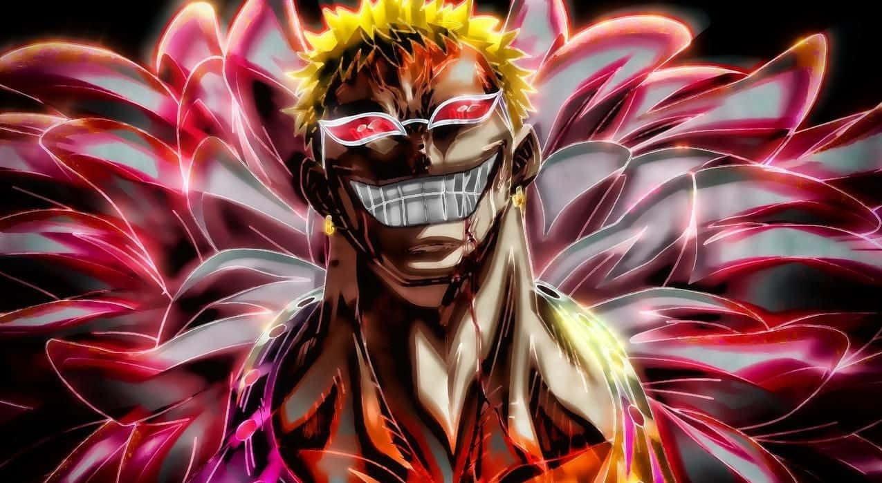 Donquixote Doflamingo 桌布 壁紙 — 一個兇猛的動漫角色，擁有尖刺的黃色頭髮和發光的紅色眼睛，在黑暗背景中散發出力量，帶有充滿活力的粉紅色和紫色能量翅膀。