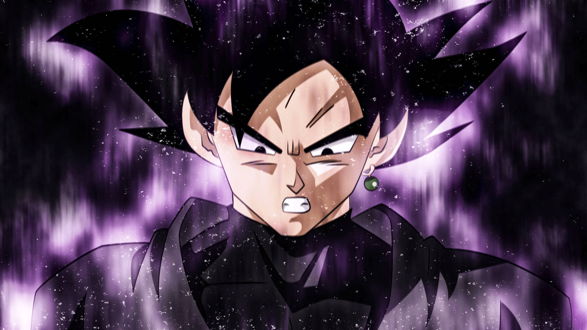 Black Goku 桌布 壁紙 — 一個兇猛的動漫角色，擁有尖刺的黑髮和發光的紫色光環，在宇宙背景下強烈凝視。