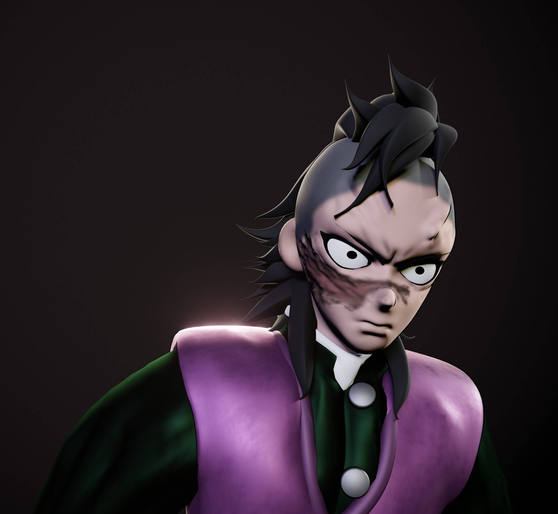 genya 桌布 壁紙 — 一個兇猛的動漫角色，擁有尖刺般的黑髮和紫色背心，在黑暗背景下強烈凝視。