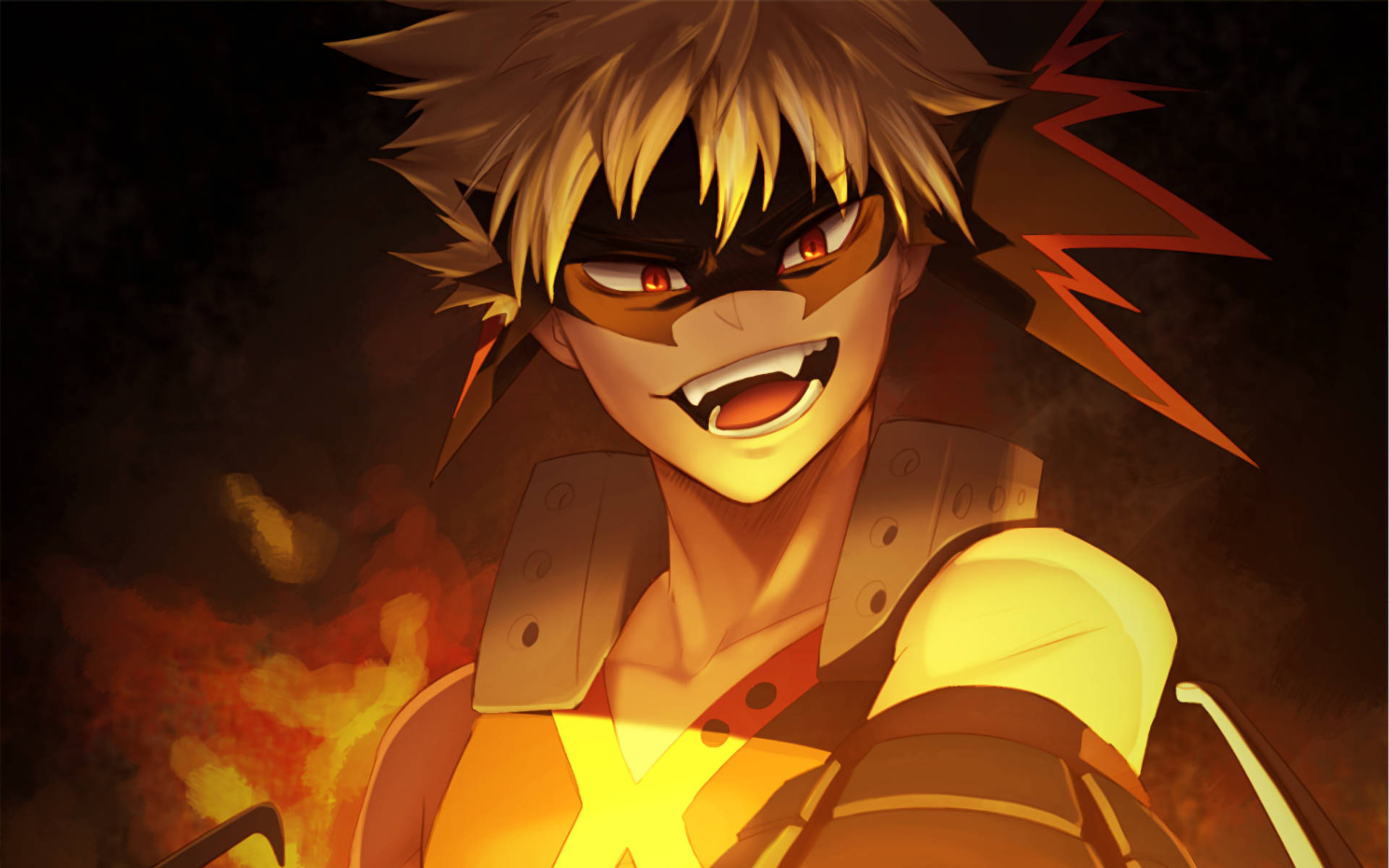 Bakugo 桌布 壁紙 — 一個兇猛的動漫角色，擁有尖刺金髮和發光的紅眼，在熾熱的黑暗背景前咆哮。