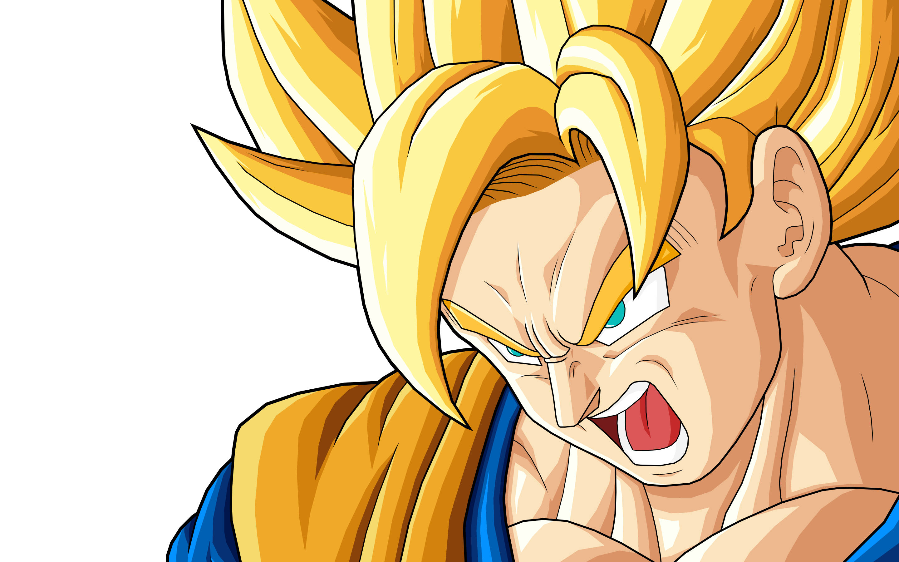 Awesome Goku 桌布 壁紙 — 一個兇猛的動漫角色，擁有尖刺金髮和藍眼睛，在白色背景前握緊拳頭咆哮。