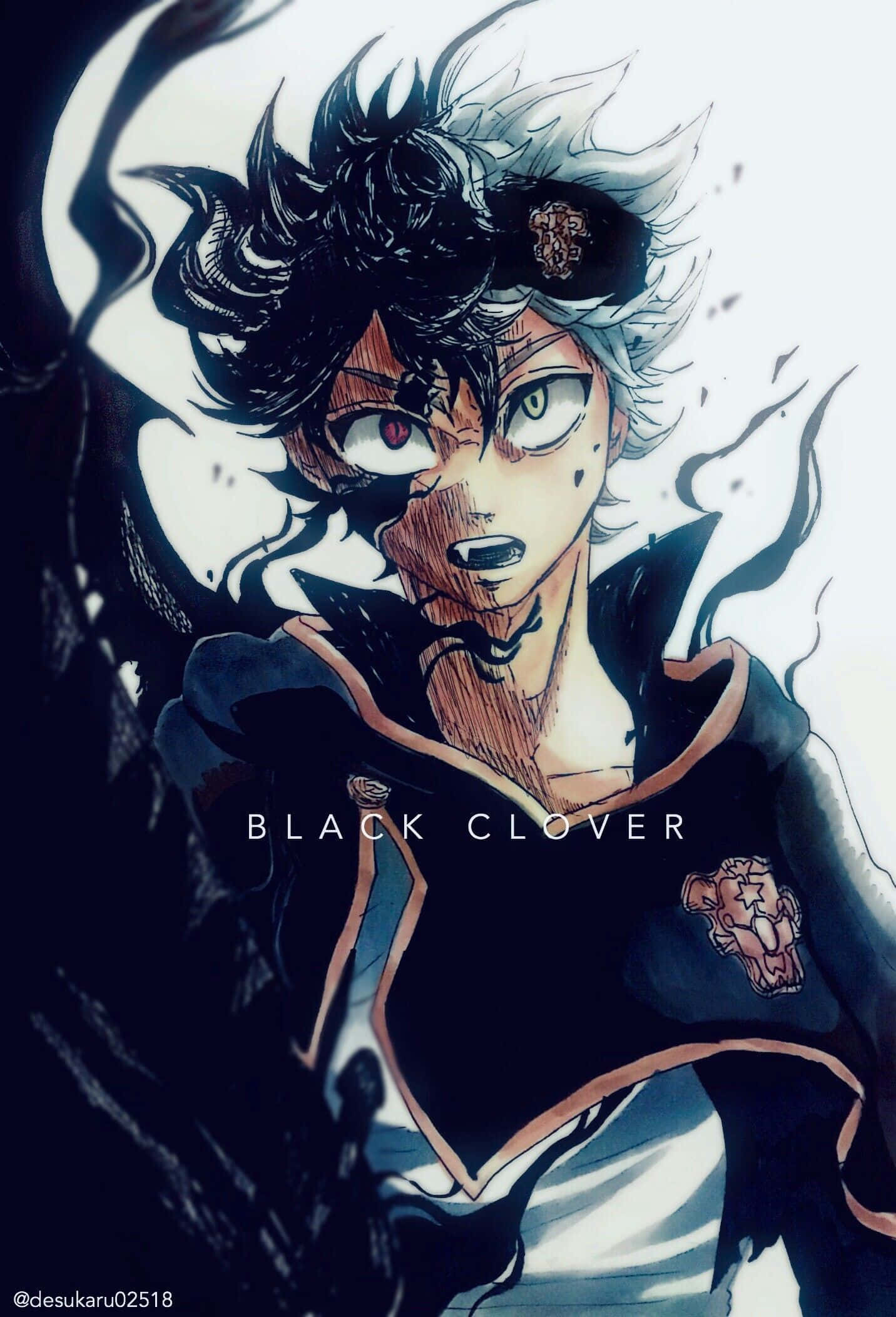 Black Clover Anime 桌布 壁紙 — 一個兇猛的動漫角色，擁有尖刺黑白頭髮和發光的眼睛，在黑暗旋轉的背景下強烈地凝視。