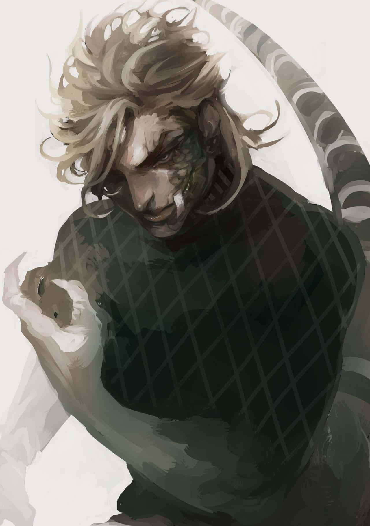Diego Brando 桌布 壁紙 — 一個兇猛的動漫角色，擁有狂野的金色頭髮和爬蟲類特徵，穿著深色格紋襯衫抱著一個小生物。