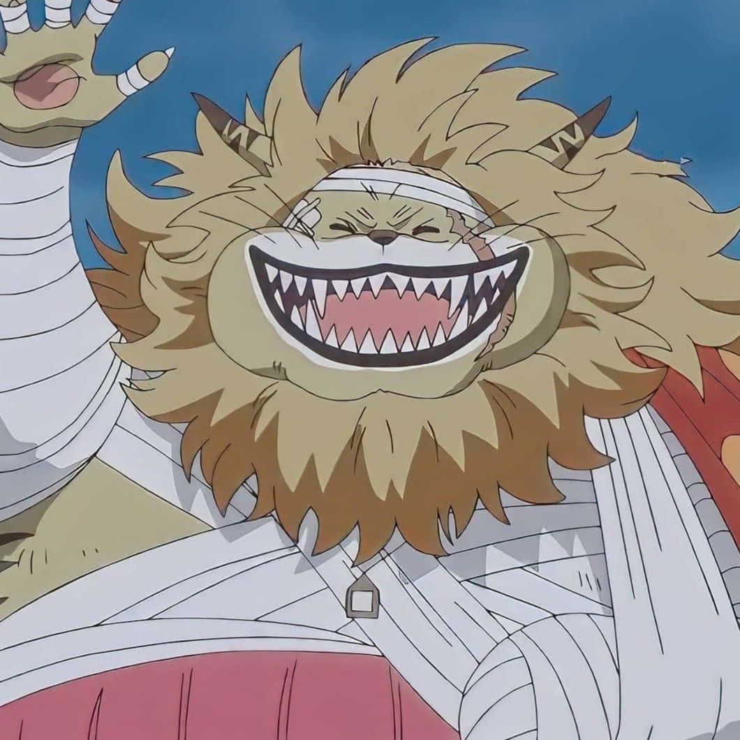 Nekomamushi 桌布 壁紙 — 一個兇猛的動漫角色，擁有獅子頭、露出牙齒的咧嘴笑和纏著繃帶的臉，背景是藍天。