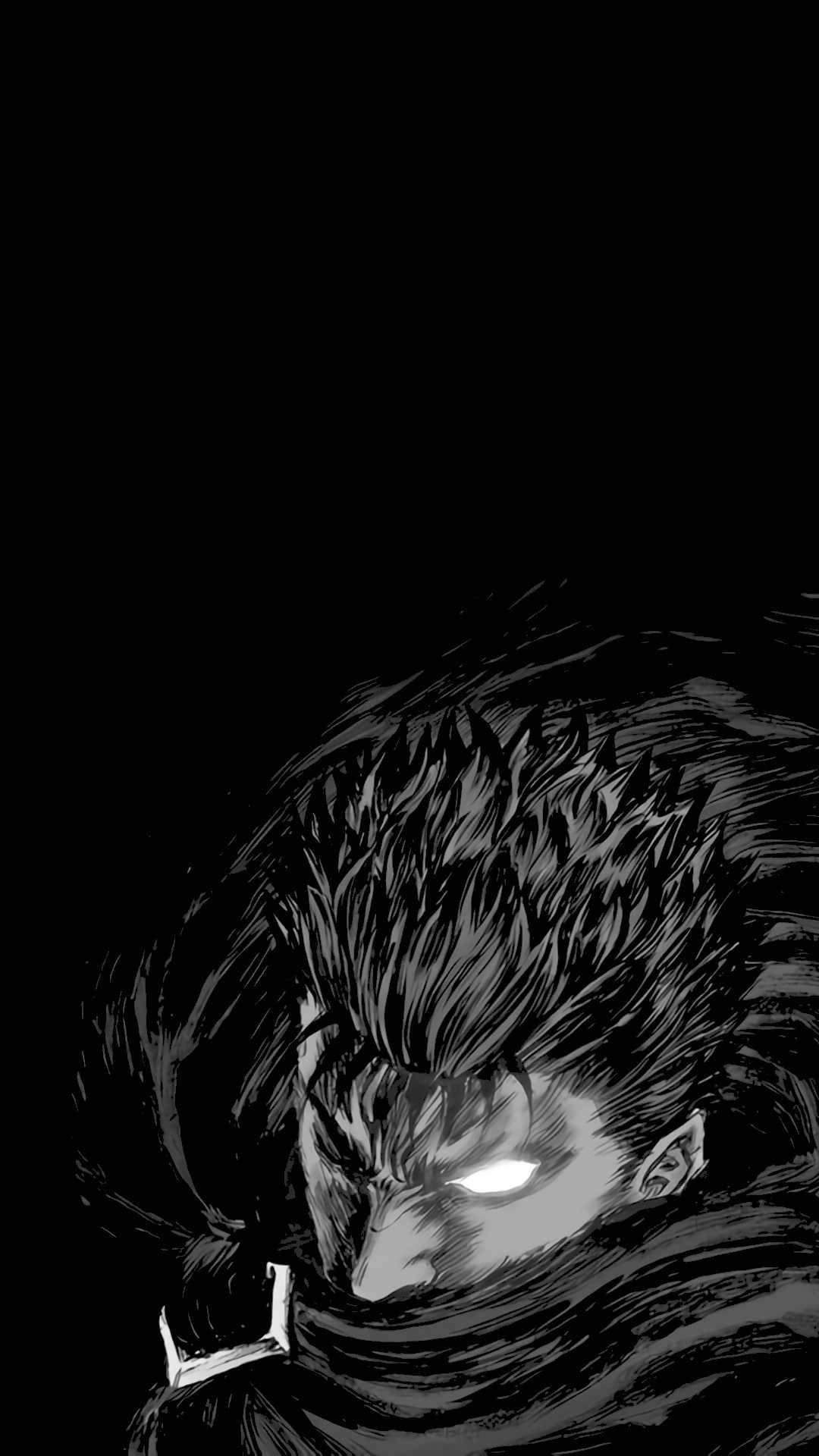Berserk Guts 桌布 壁紙 — 一個兇猛的動漫角色，擁有發光的白色眼睛和尖刺頭髮，在黑色背景下強烈凝視。