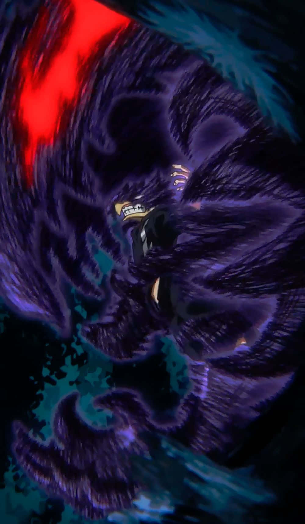Fumikage Tokoyami 桌布 壁紙 — 一個兇猛的動漫角色，擁有發光的眼睛和深色毛髮，在旋轉的紅色和藍綠色能量中咆哮。