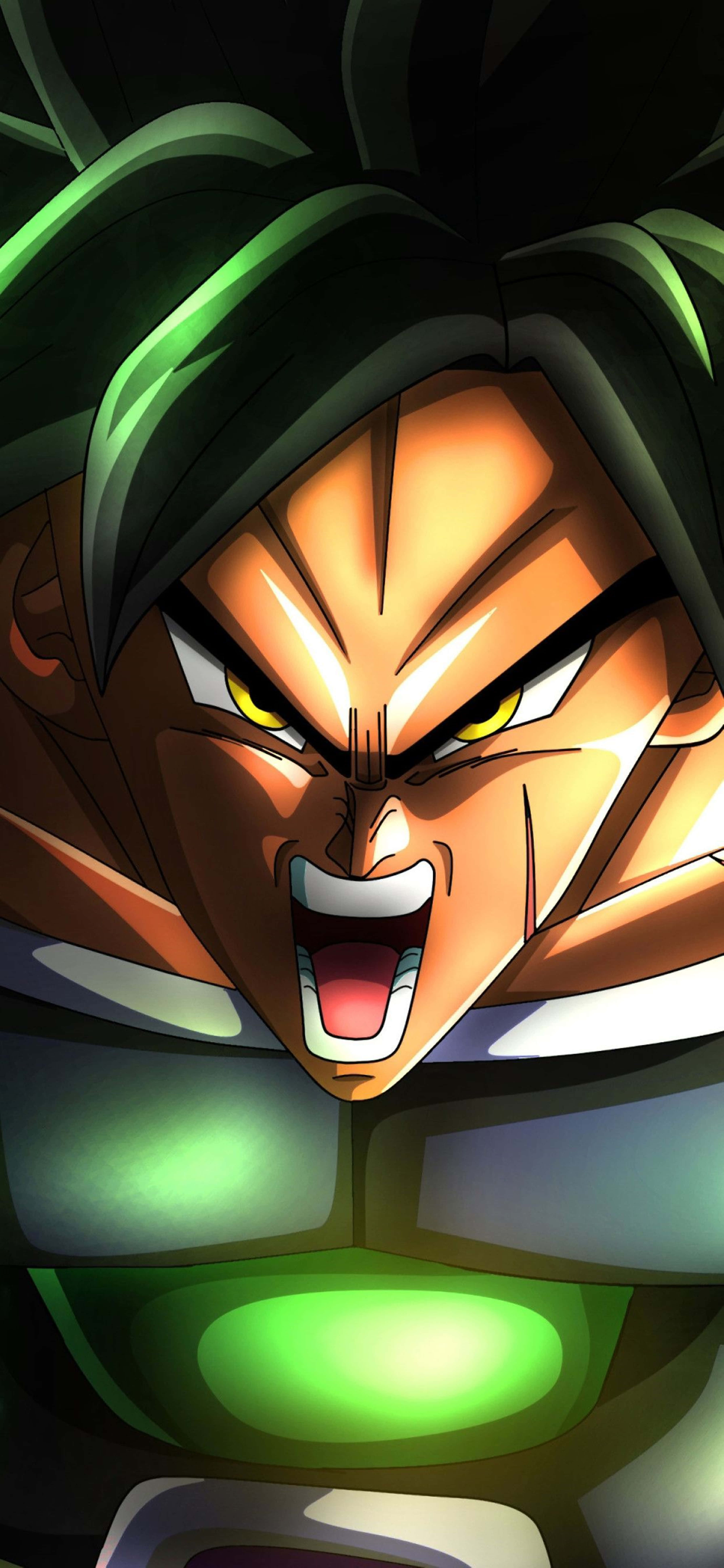 Broly 4K 桌布 壁紙 — 一個兇猛的動漫角色，擁有發光的綠色頭髮和眼睛，在黑暗背景下猛烈咆哮。