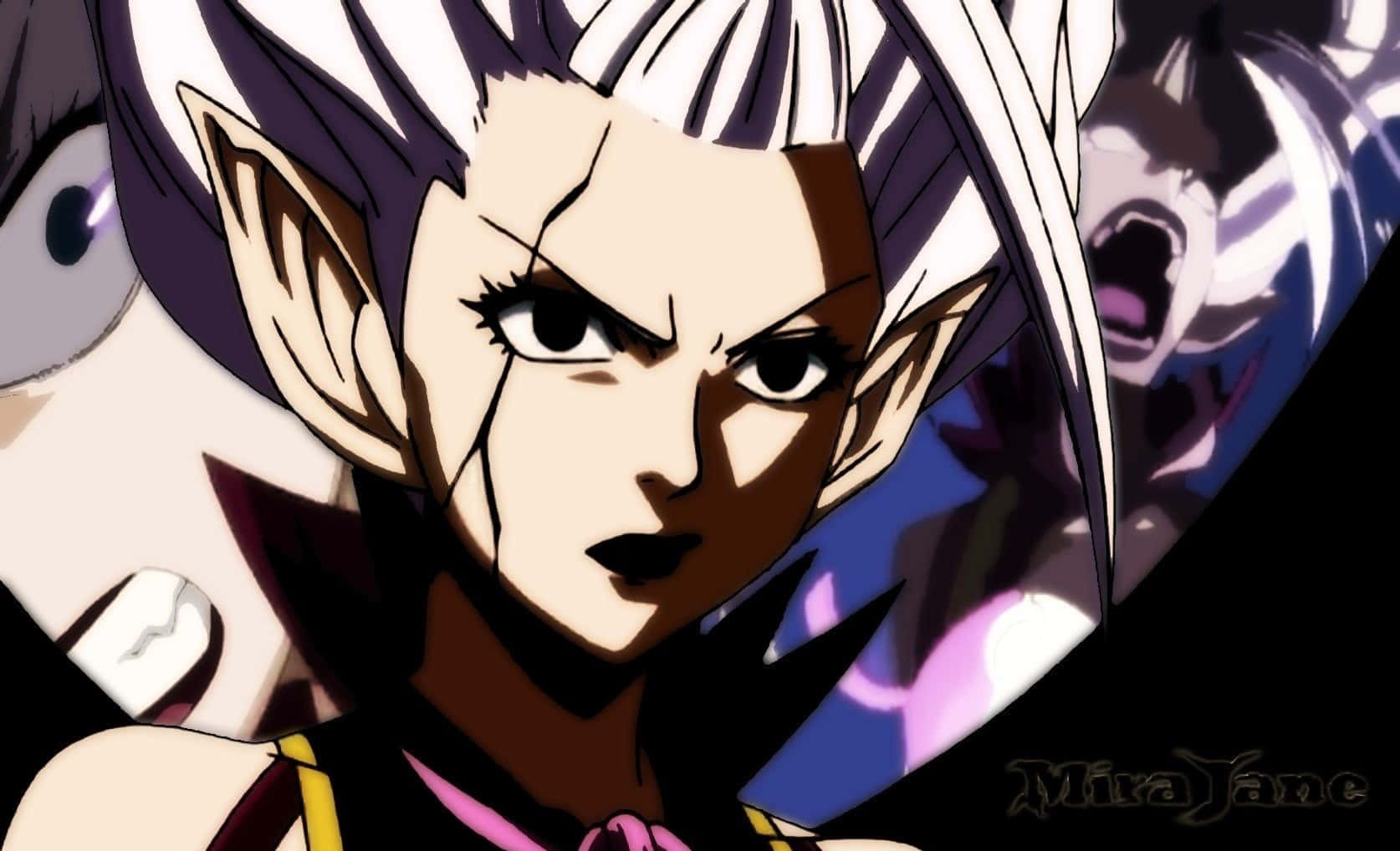 Mirajane Strauss 桌布 壁紙 — 一個兇猛的動漫角色，擁有白色尖刺頭髮和尖耳朵，在黑暗背景下強烈凝視。