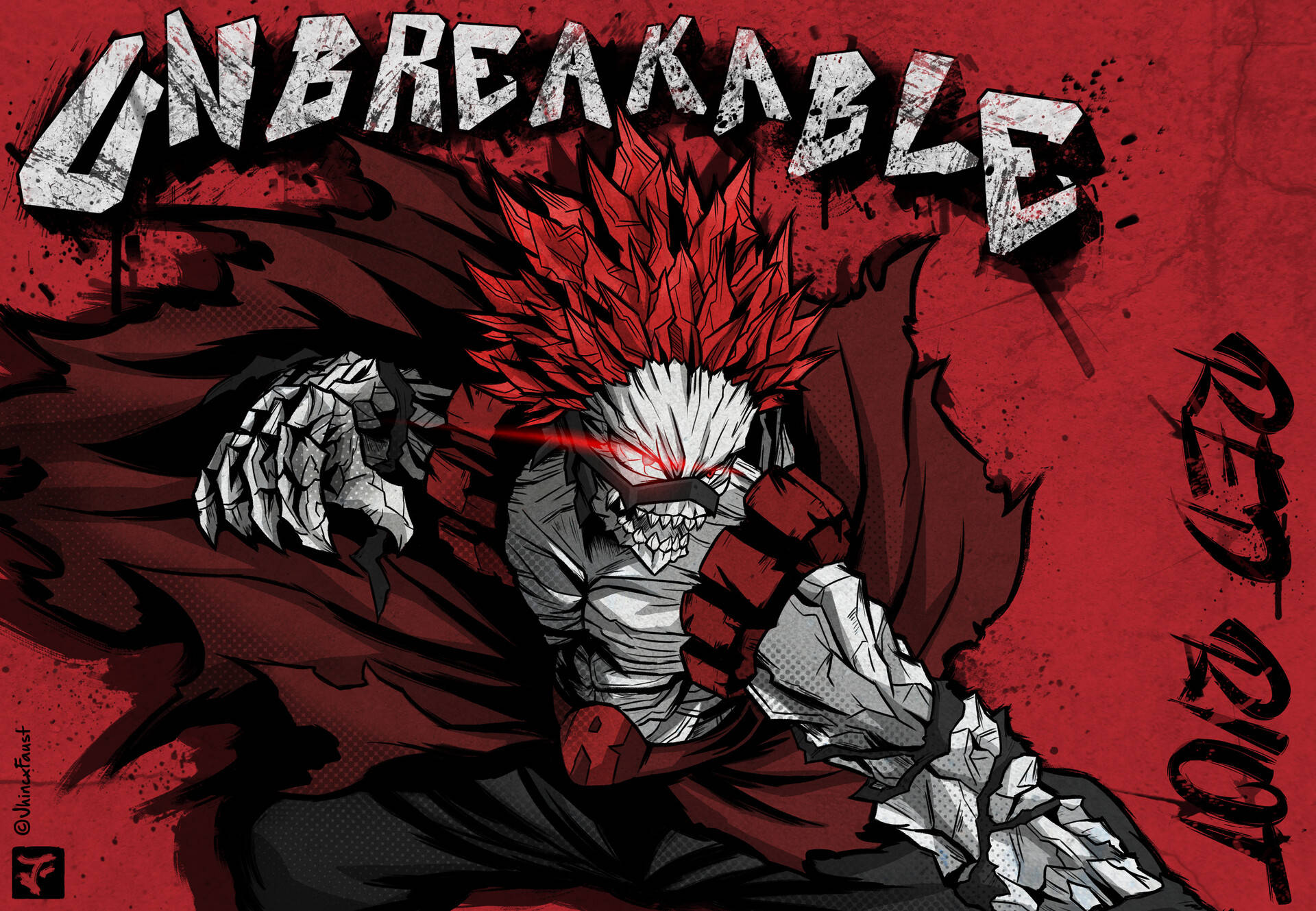 Kirishima 桌布 壁紙 — 一個兇猛的動漫角色，擁有紅色刺蝟頭和發光的紅色眼睛，在血紅色的背景上咆哮，上方有「UNBREAKABLE」字樣。
