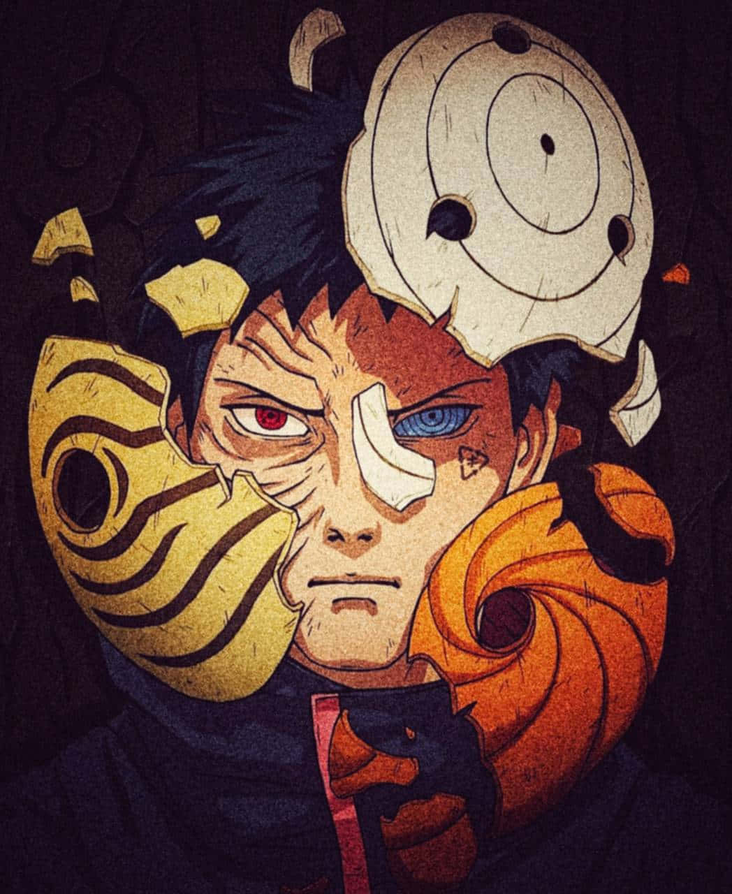 Mask 桌布 壁紙 — 一個兇猛的動漫角色，擁有紅色和藍色的眼睛，戴著破碎的面具，臉部周圍有旋轉的橙色和黃色查克拉圖案。
