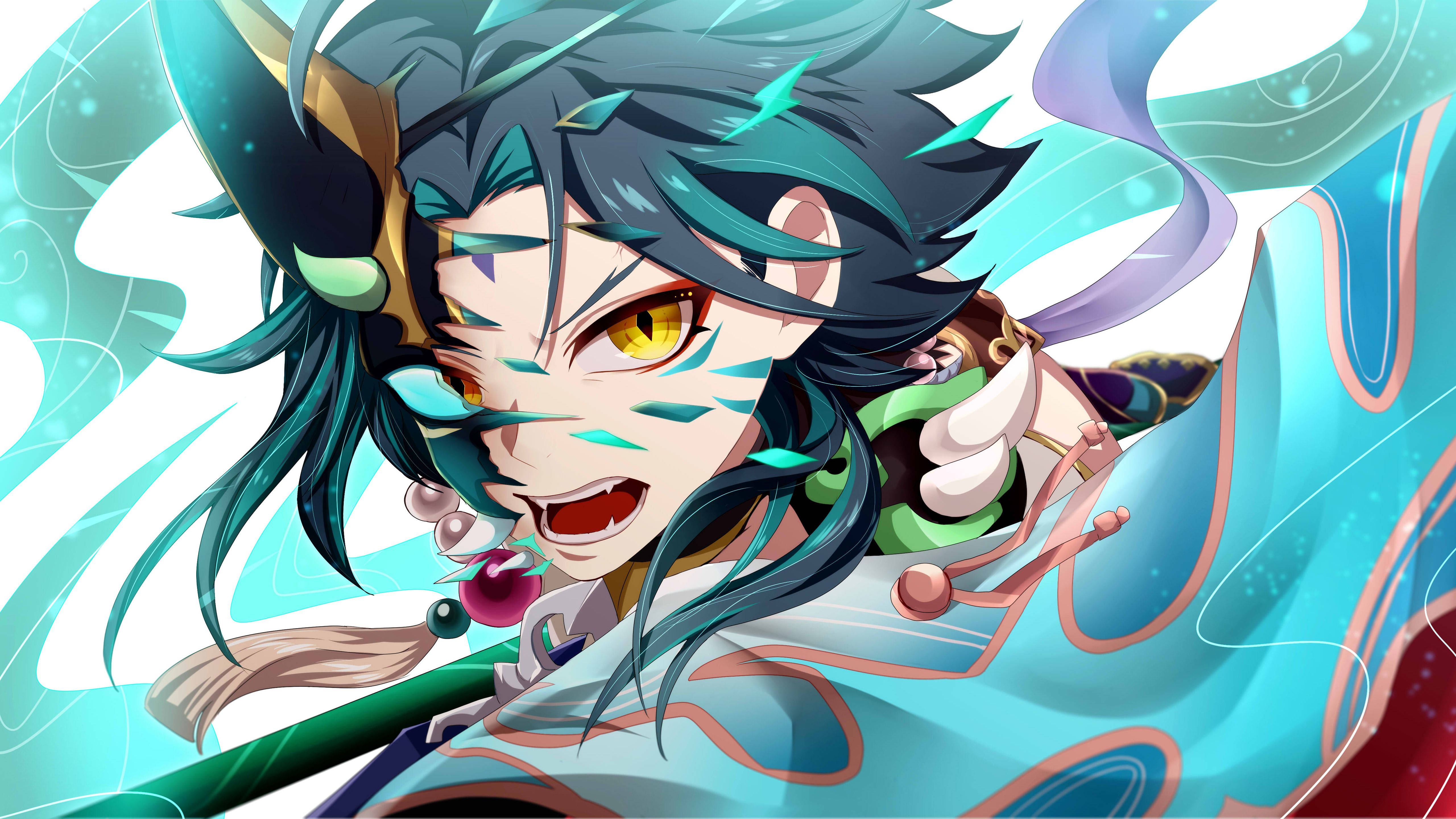 電玩遊戲 桌布 壁紙 — 一個兇猛的動漫角色，擁有青綠色頭髮和發光的眼睛，用劍劈開旋轉的藍色能量。