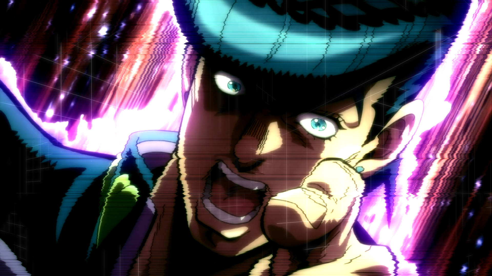 Josuke 桌布 壁紙 — 一個兇猛的動漫角色，擁有青色頭髮和發光的眼睛，在充滿活力的紫色和粉紅色能量爆發背景中咆哮。