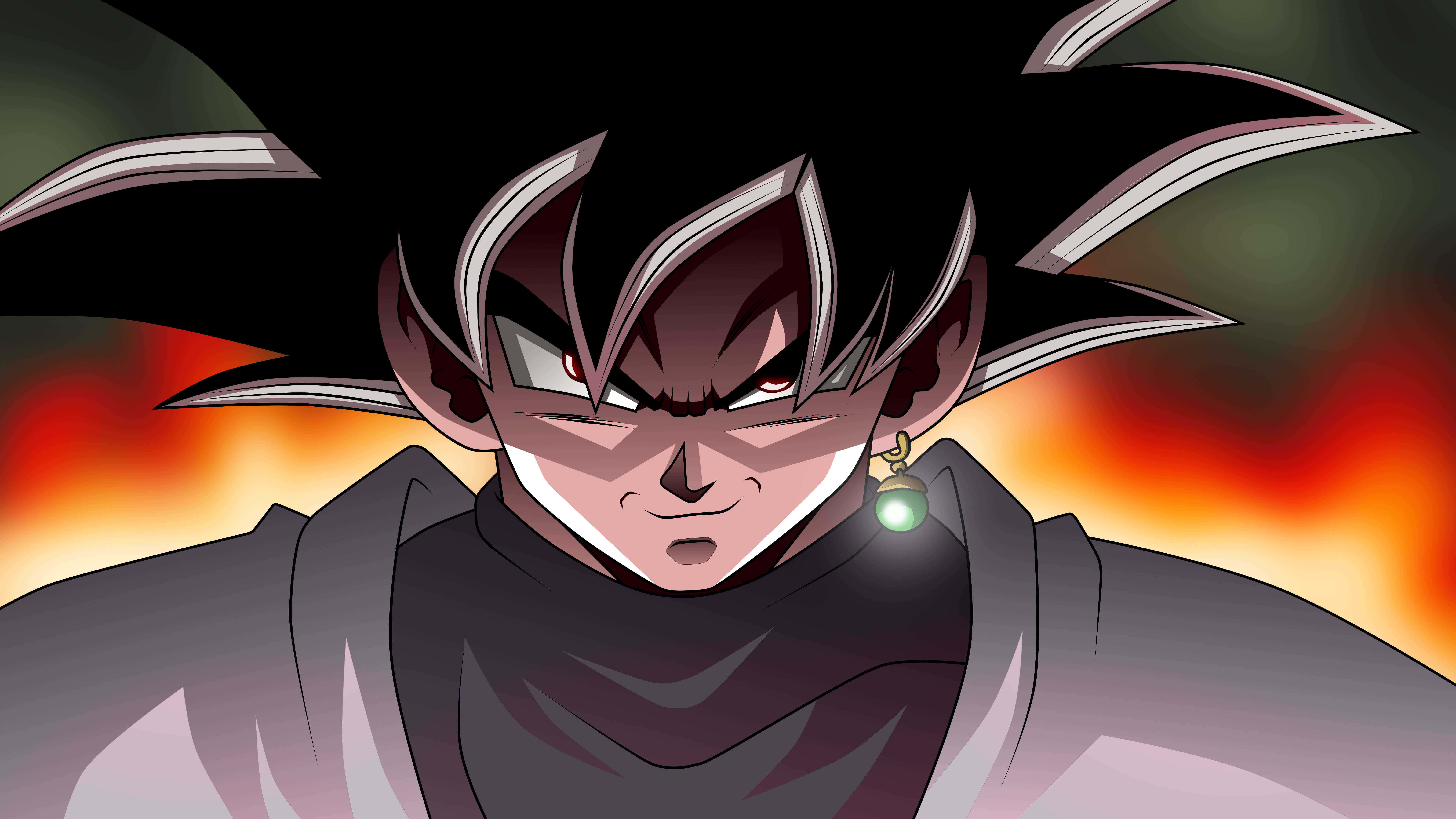 Goku Black 4K 桌布 壁紙 — 一個兇猛的動漫角色，擁有黑色刺狀頭髮和發光的眼睛，在熾熱的橙色和紅色背景下強烈凝視。