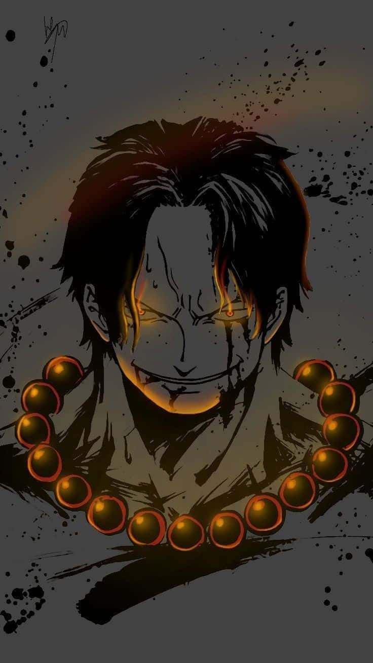 One Piece Ace's Death 桌布 壁紙 — 一個兇猛的動漫角色，有發光的眼睛和珠鏈，背景是黑暗的濺射效果。