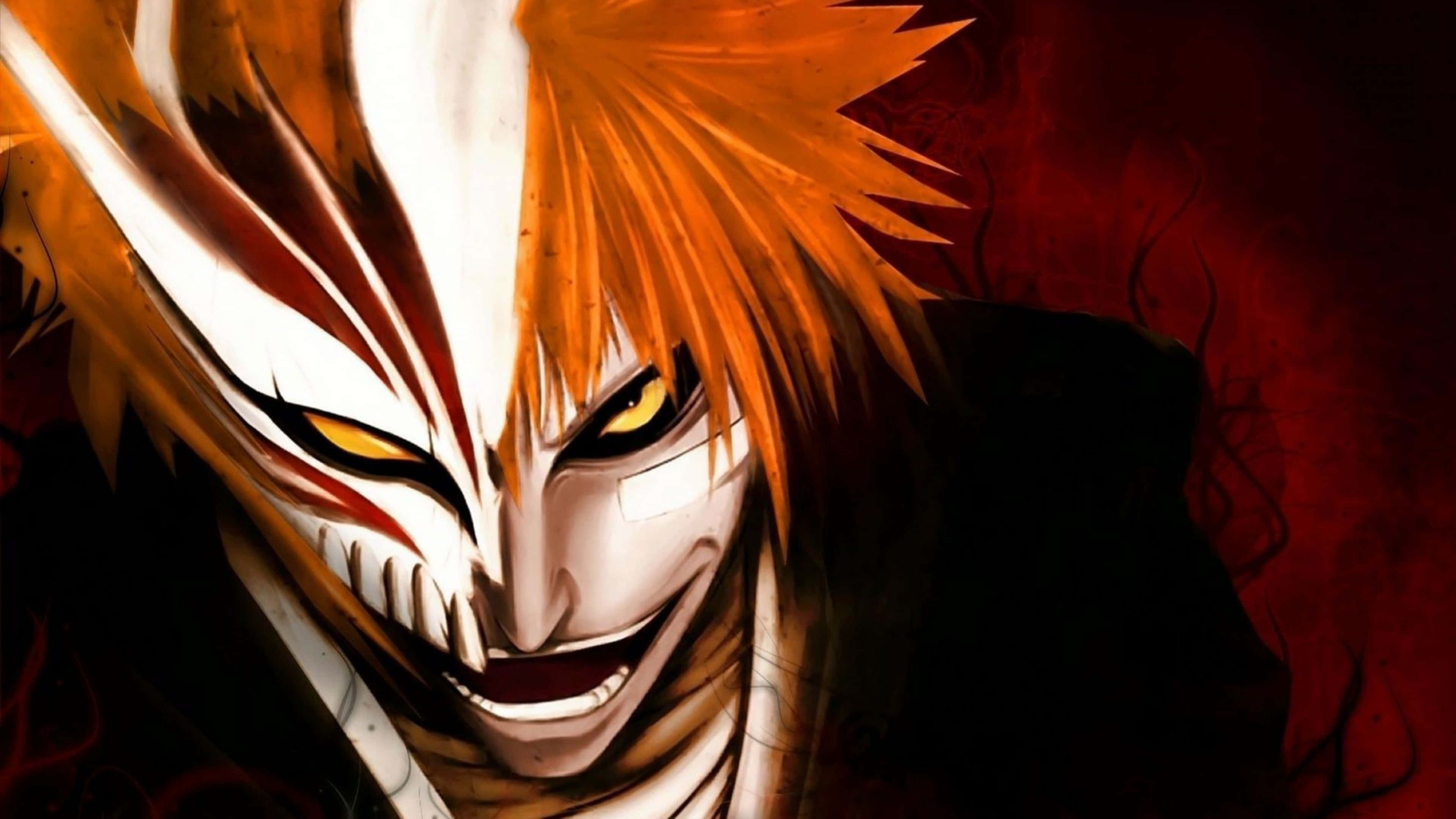 Ichigo 4K 桌布 壁紙 — 一個兇猛的動漫角色，有著尖刺的橙色頭髮和白色面具，在深紅色背景上露出威脅性的笑容。