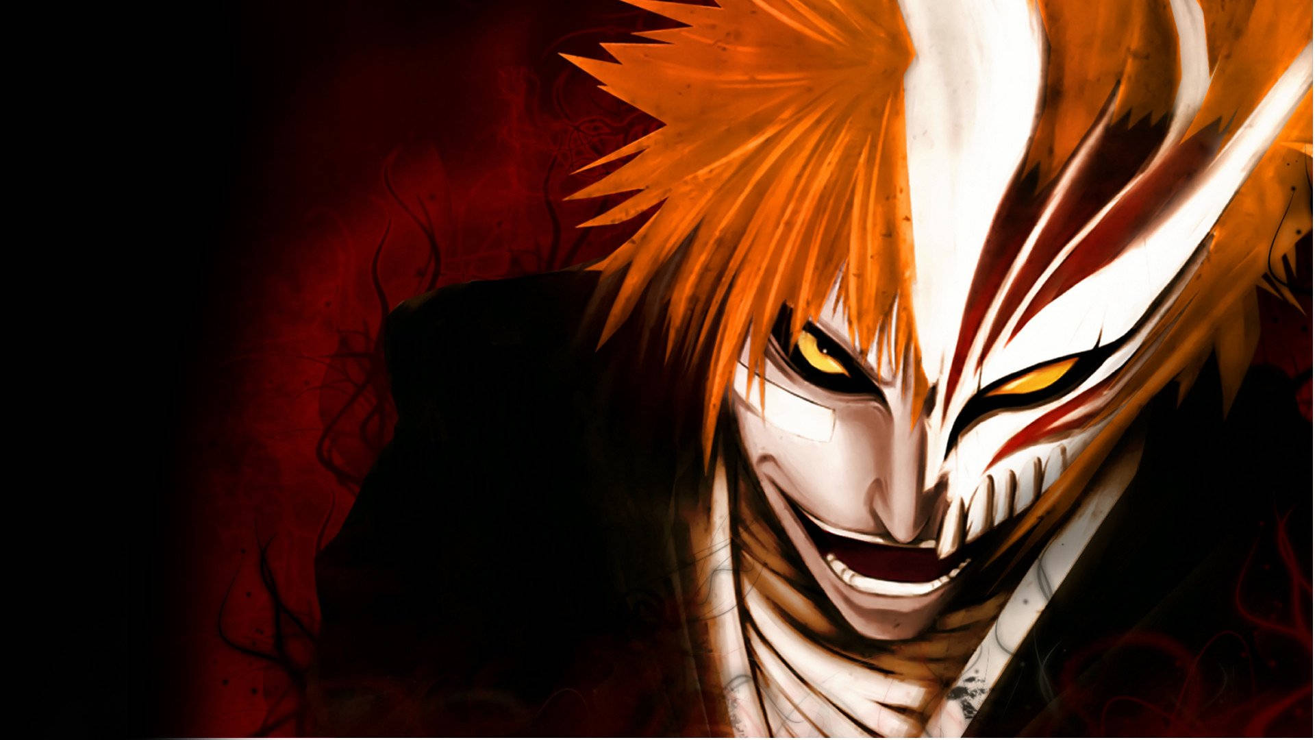 Ichigo Kurosaki 桌布 壁紙 — 一個兇猛的動漫角色，有著尖刺的橙色頭髮和白色面具，在深紅色背景前威脅地咧嘴笑。